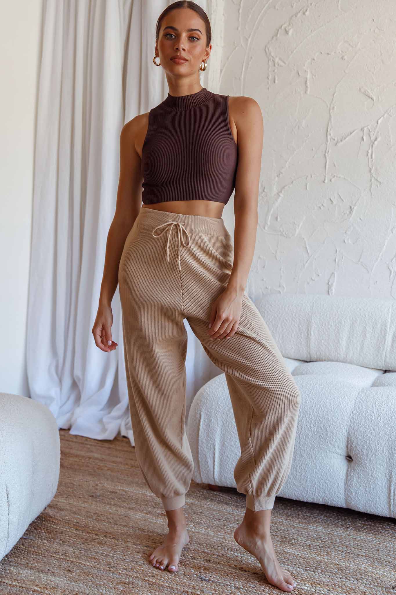 New Soul Drawstring Ribbed Knit Jogger Pants Camel-Fable Dress