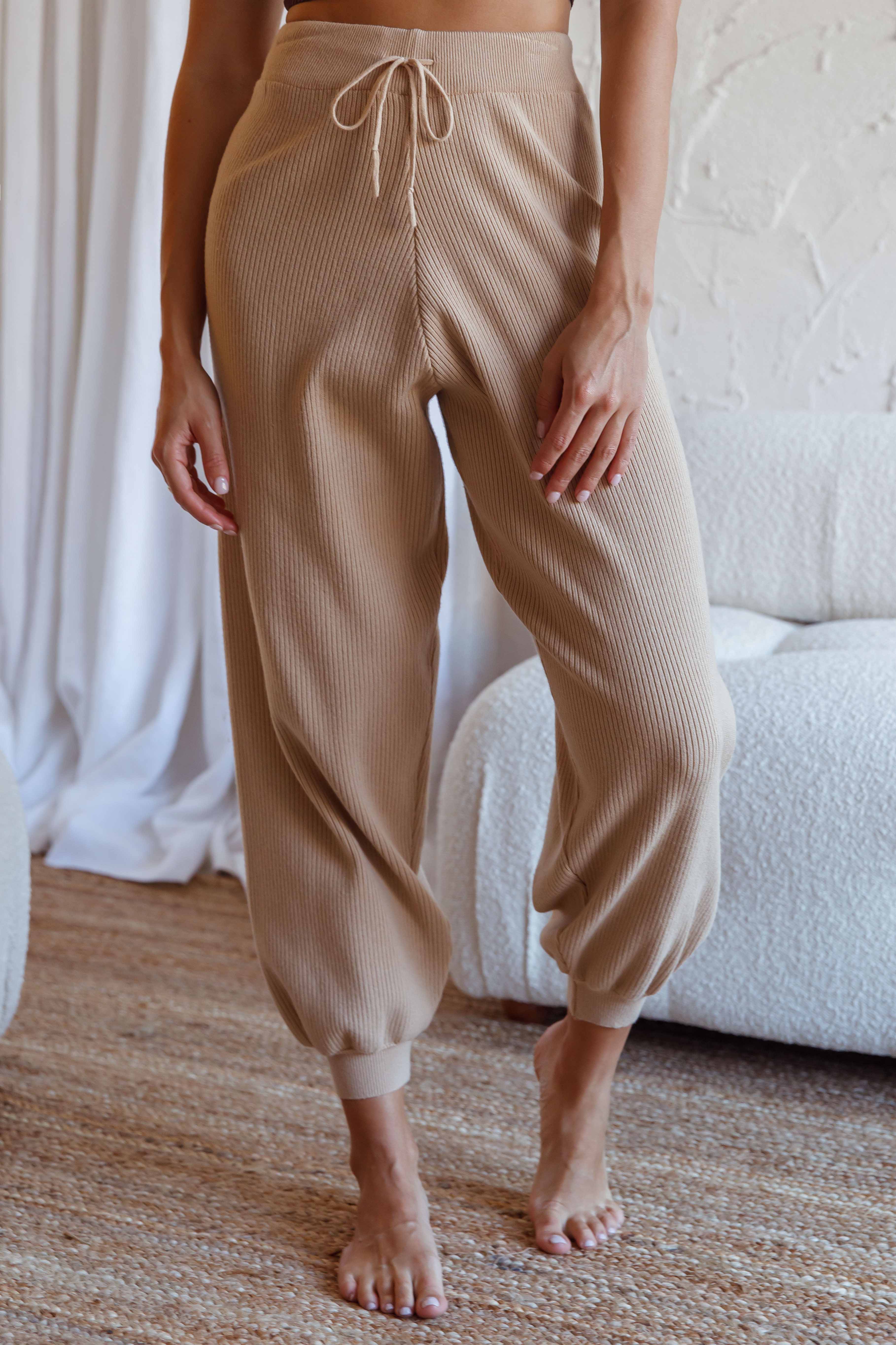 New Soul Drawstring Ribbed Knit Jogger Pants Camel-Fable Dress