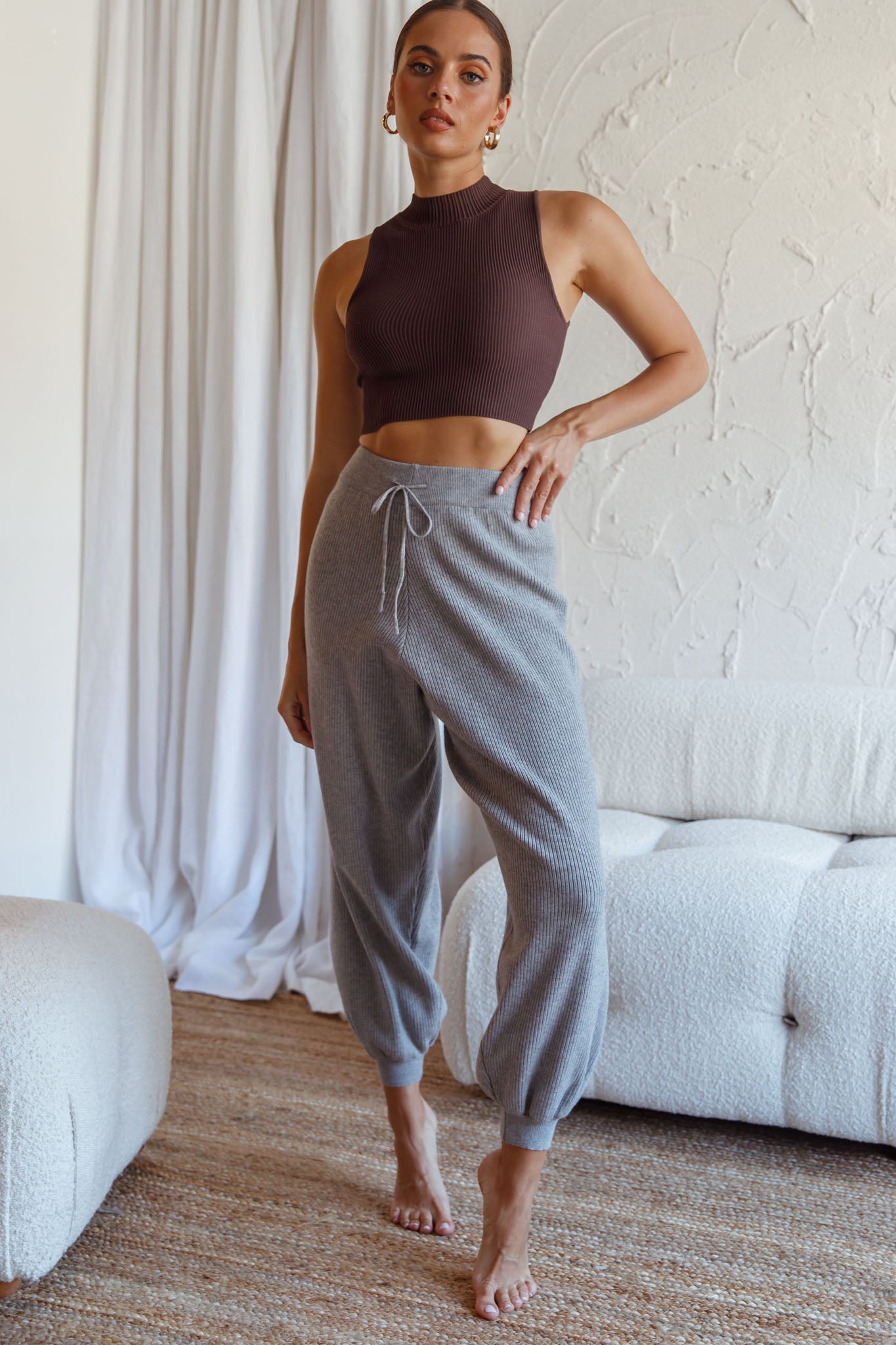 New Soul Drawstring Ribbed Knit Jogger Pants Grey Marle-Fable Dress