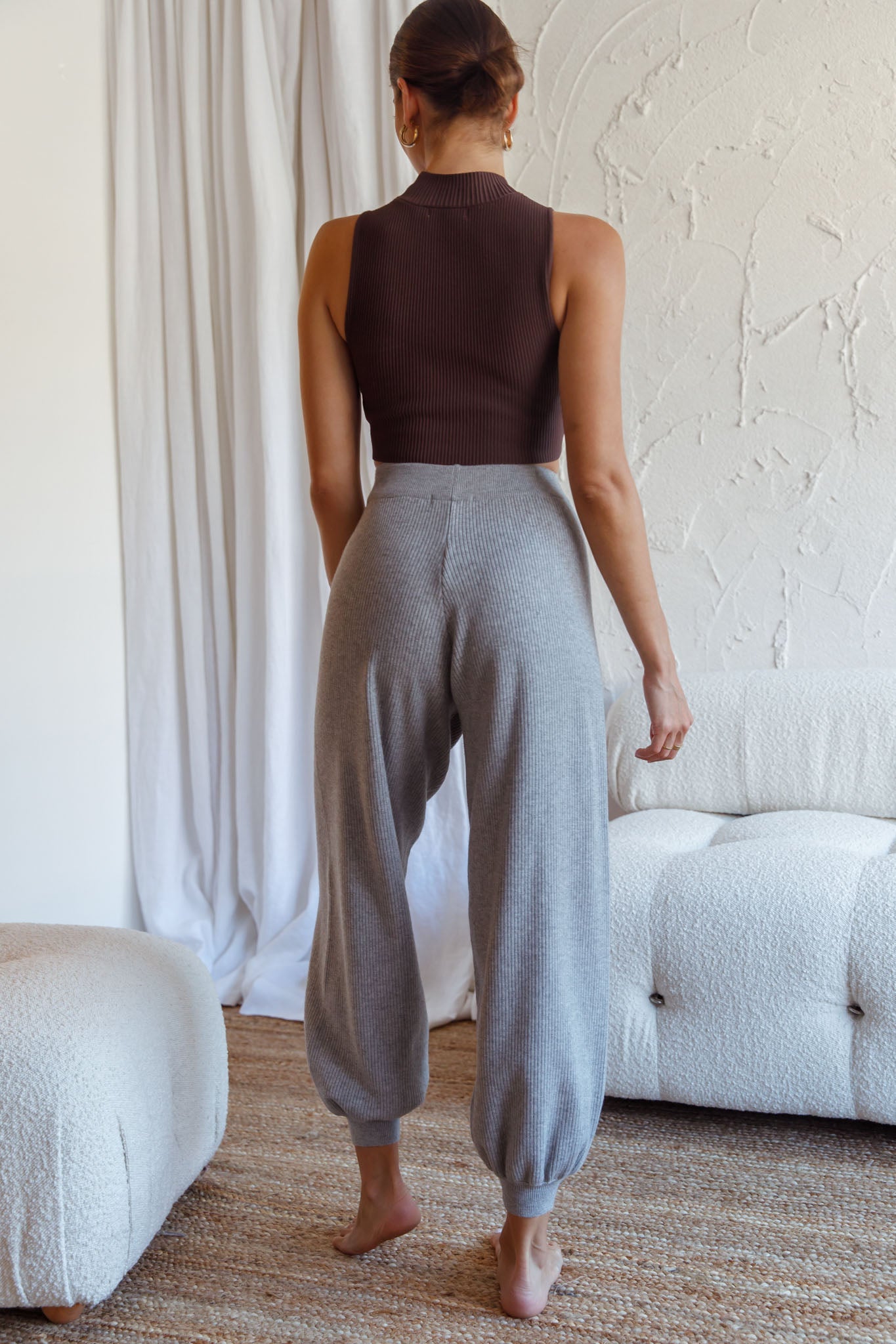 New Soul Drawstring Ribbed Knit Jogger Pants Grey Marle-Fable Dress