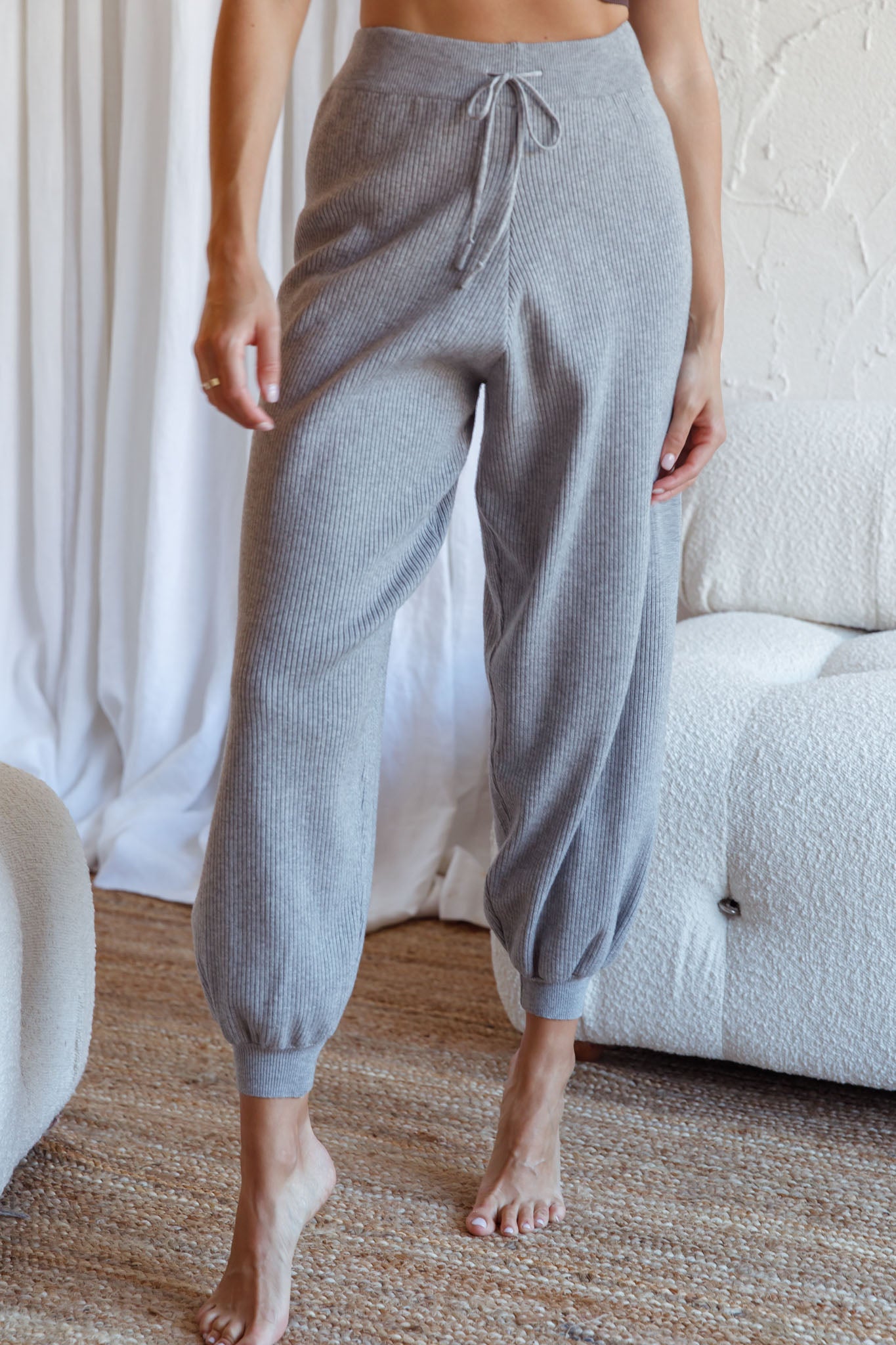 New Soul Drawstring Ribbed Knit Jogger Pants Grey Marle-Fable Dress