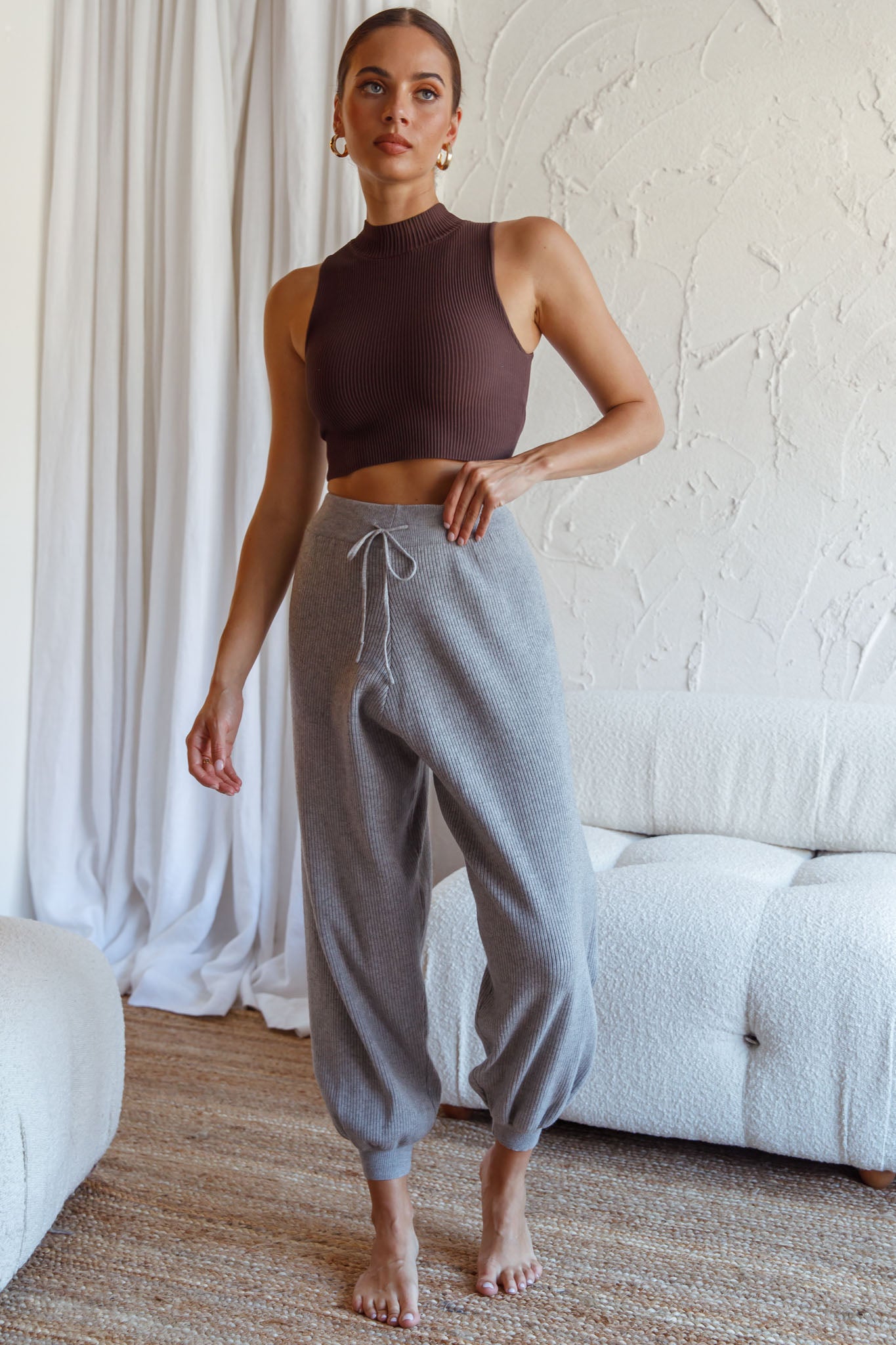 New Soul Drawstring Ribbed Knit Jogger Pants Grey Marle-Fable Dress