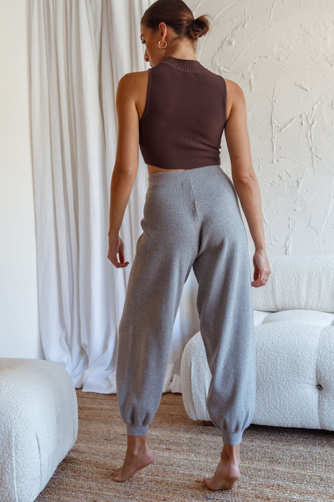 New Soul Drawstring Ribbed Knit Jogger Pants Grey Marle-Fable Dress