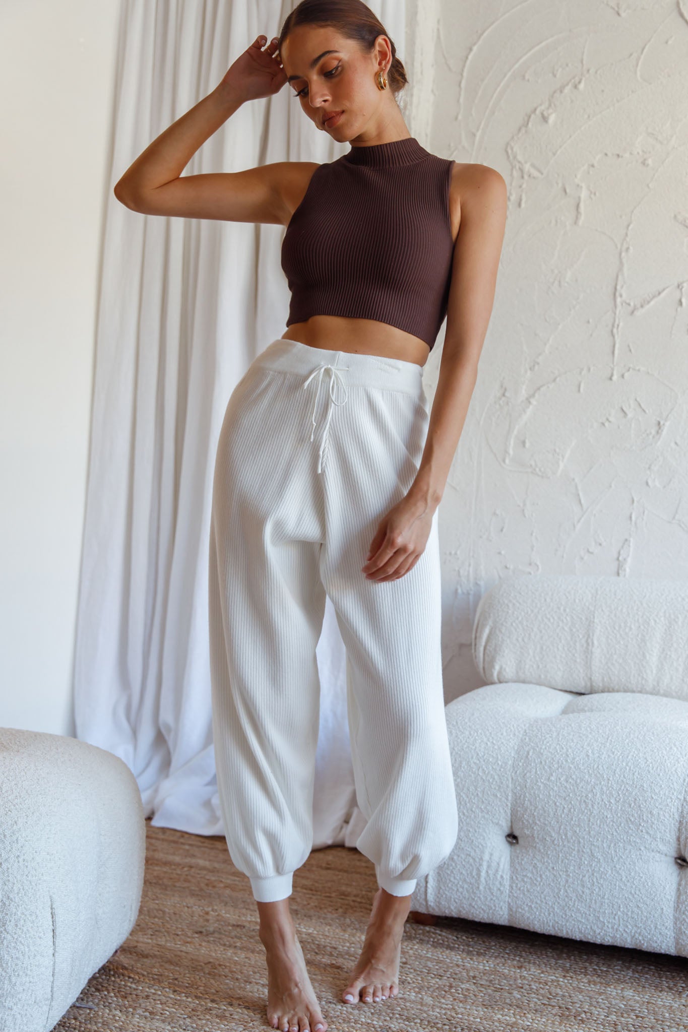 New Soul Drawstring Ribbed Knit Jogger Pants White-Fable Dress