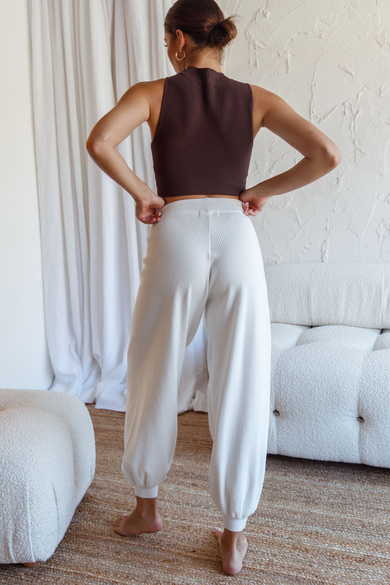 New Soul Drawstring Ribbed Knit Jogger Pants White-Fable Dress