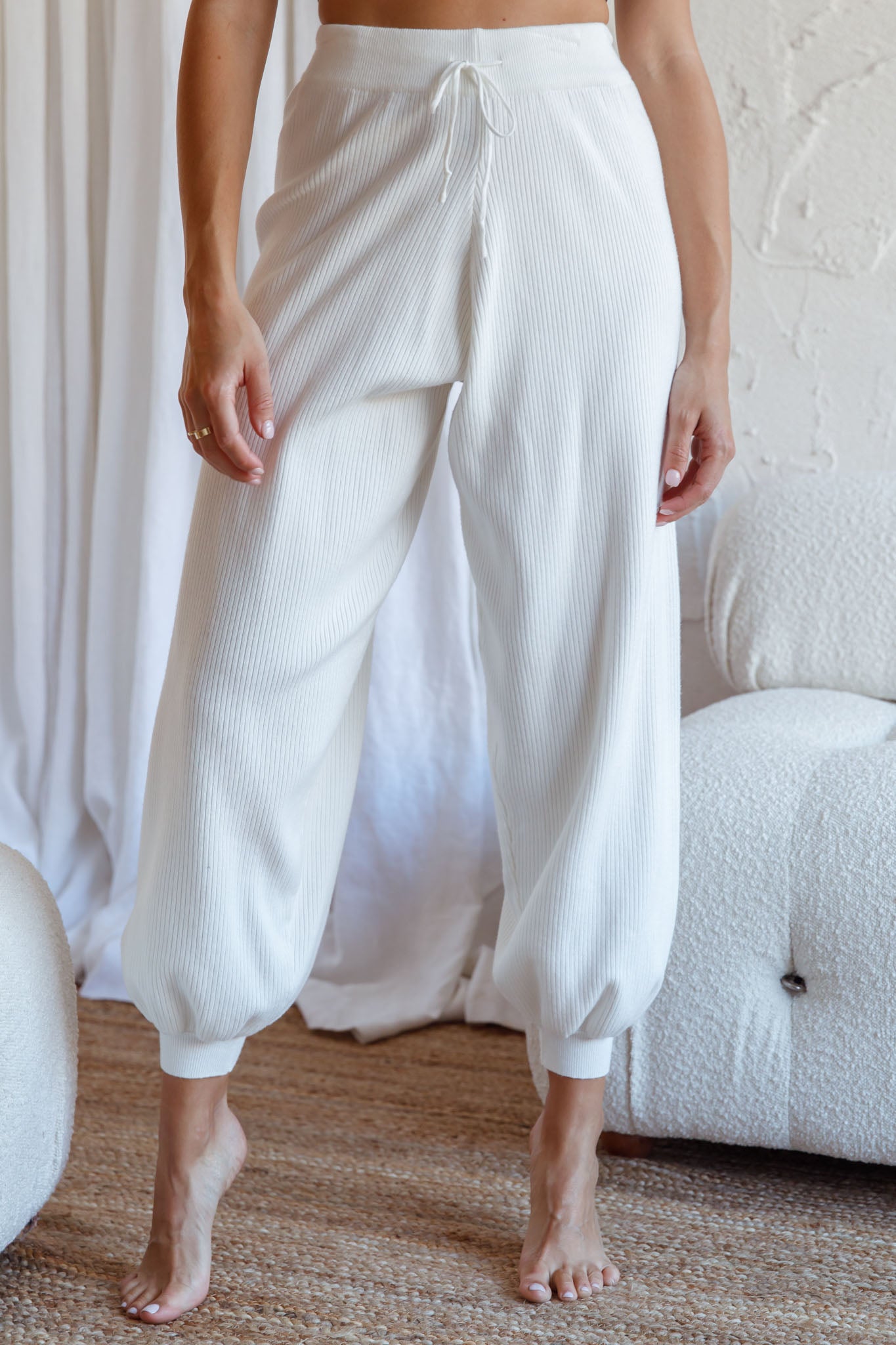 New Soul Drawstring Ribbed Knit Jogger Pants White-Fable Dress