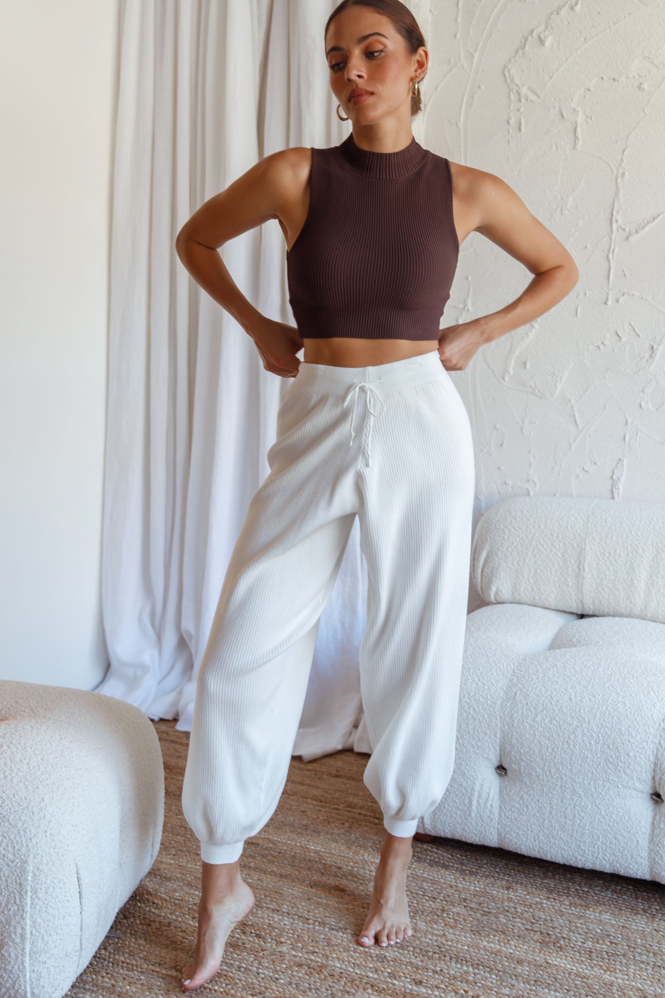 New Soul Drawstring Ribbed Knit Jogger Pants White-Fable Dress