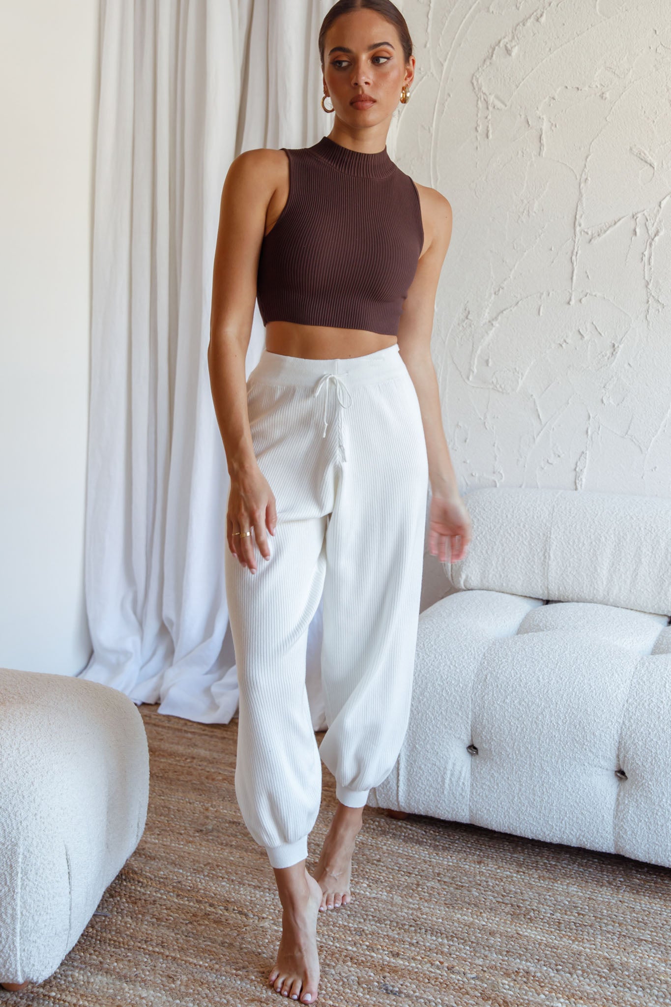 New Soul Drawstring Ribbed Knit Jogger Pants White-Fable Dress