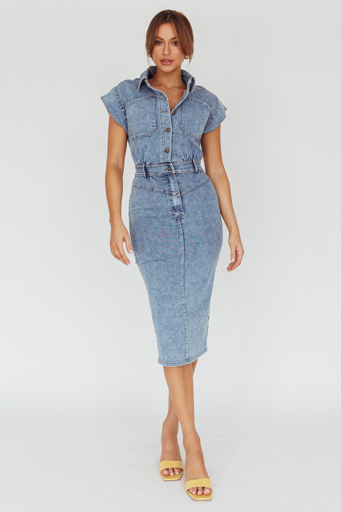 New Day Short Sleeve Button-Up Midi Dress Denim-Fable Dress