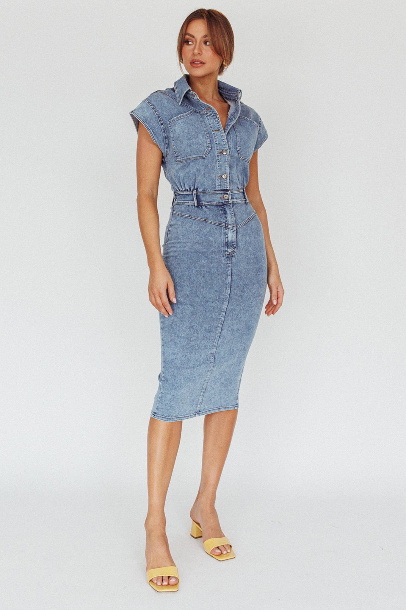 New Day Short Sleeve Button-Up Midi Dress Denim-Fable Dress