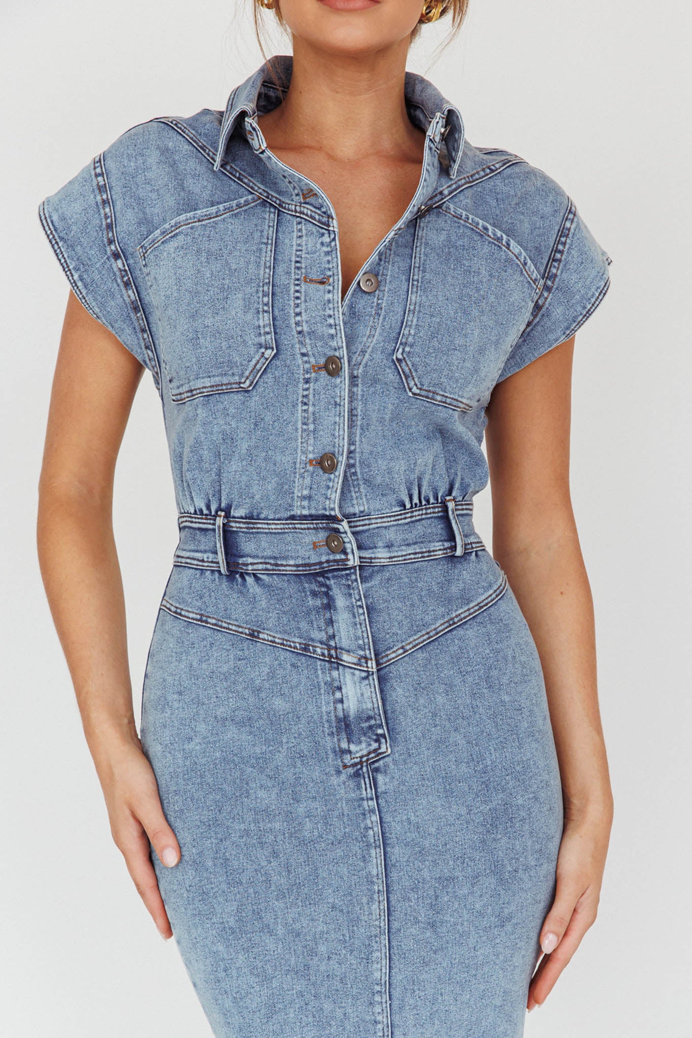 New Day Short Sleeve Button-Up Midi Dress Denim-Fable Dress