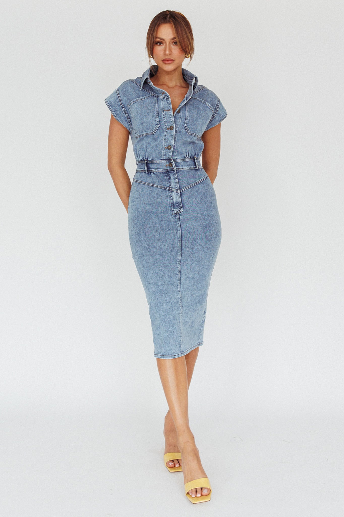 New Day Short Sleeve Button-Up Midi Dress Denim-Fable Dress