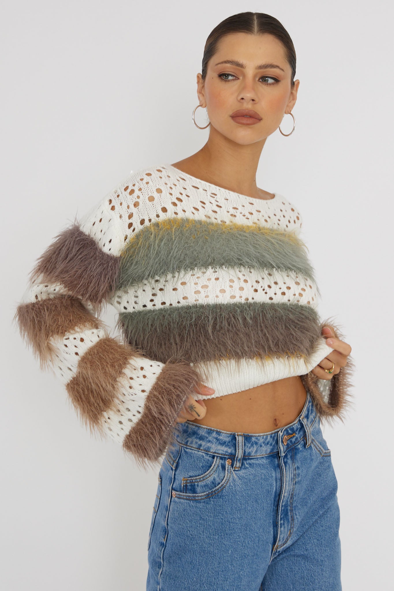 Borealis Fur Trim Knit Sweater Brown-Fable Dress