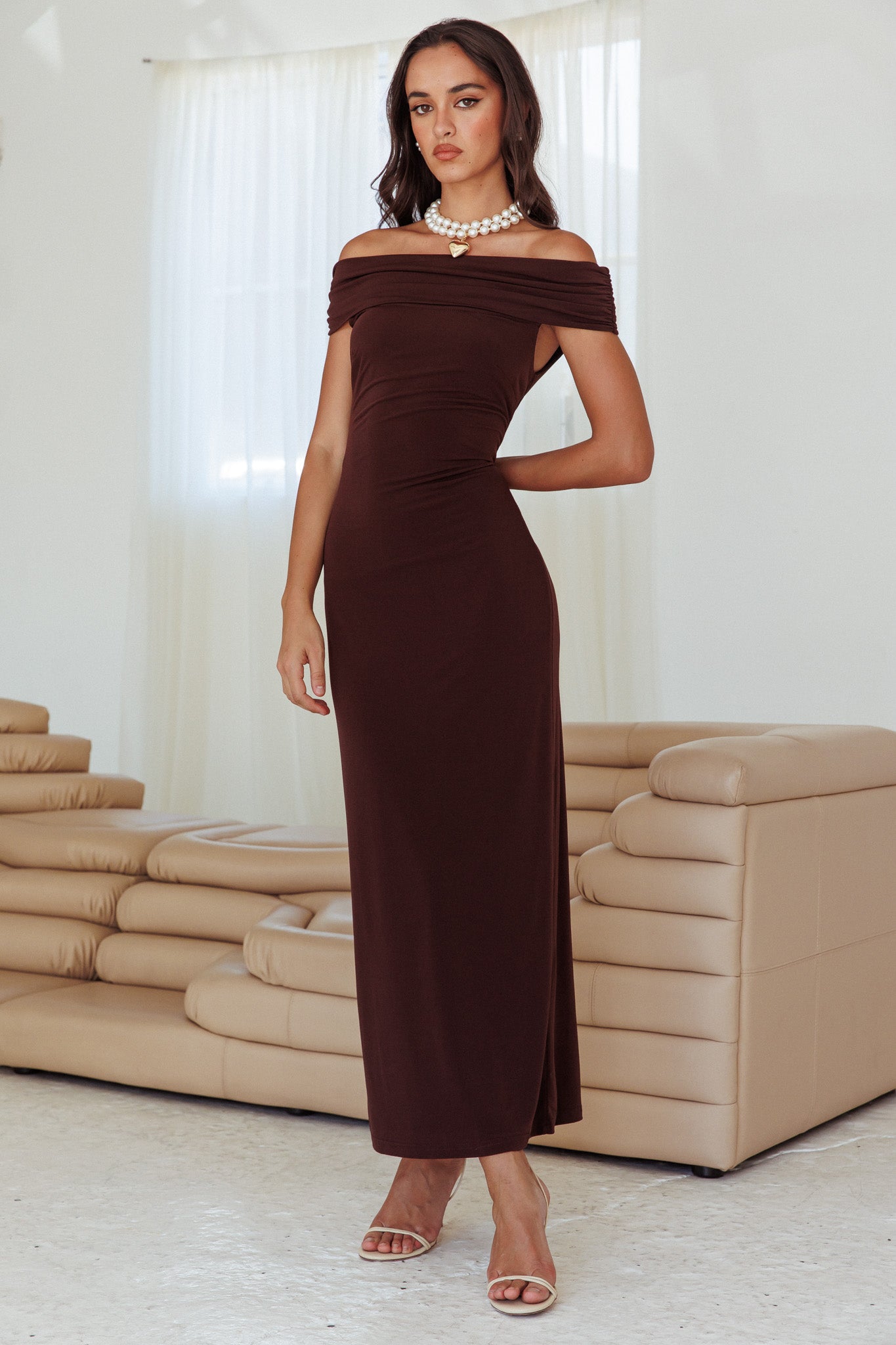 Cruising Sunset Off Shoulder Dress Chocolate-Fable Dress