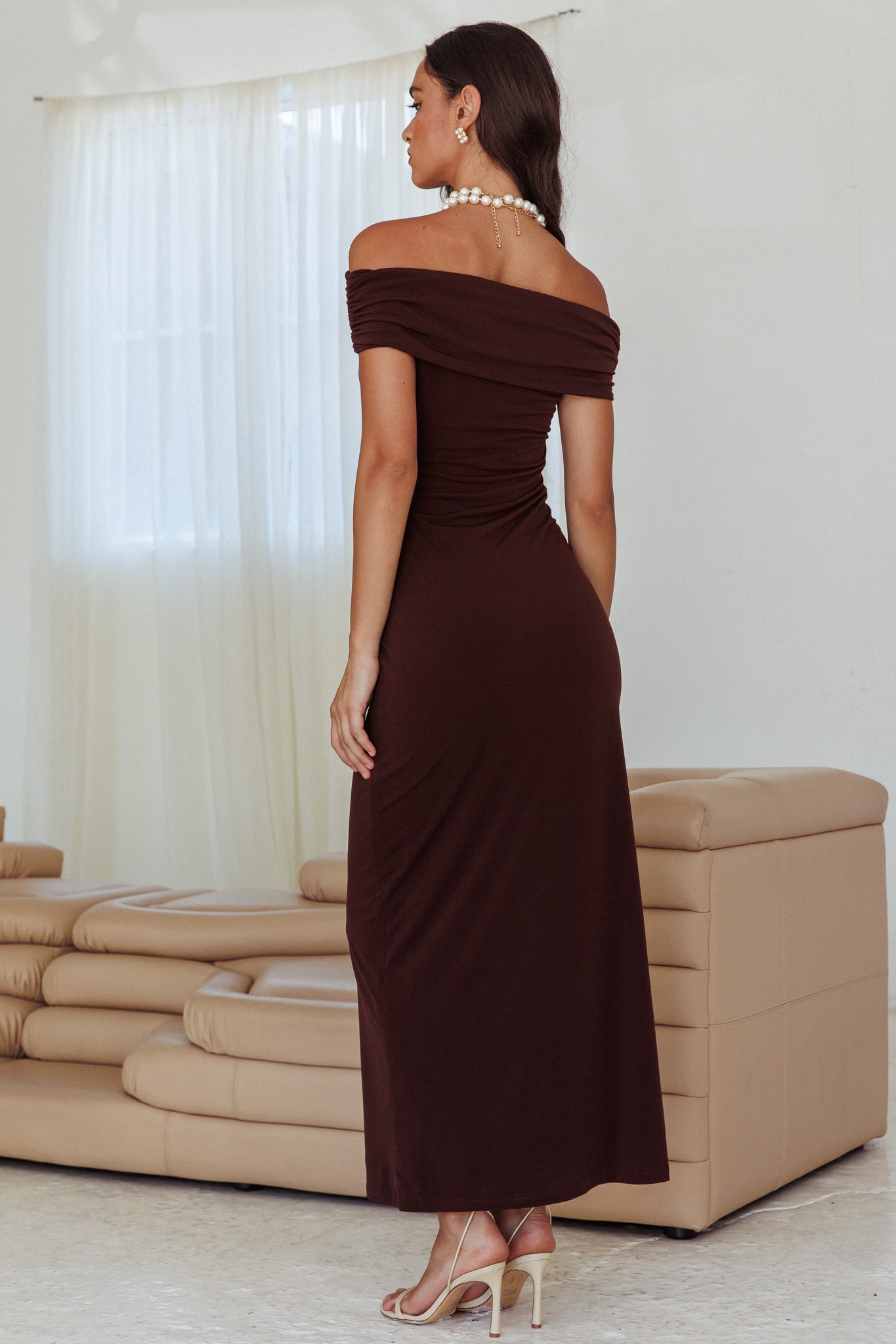 Cruising Sunset Off Shoulder Dress Chocolate-Fable Dress