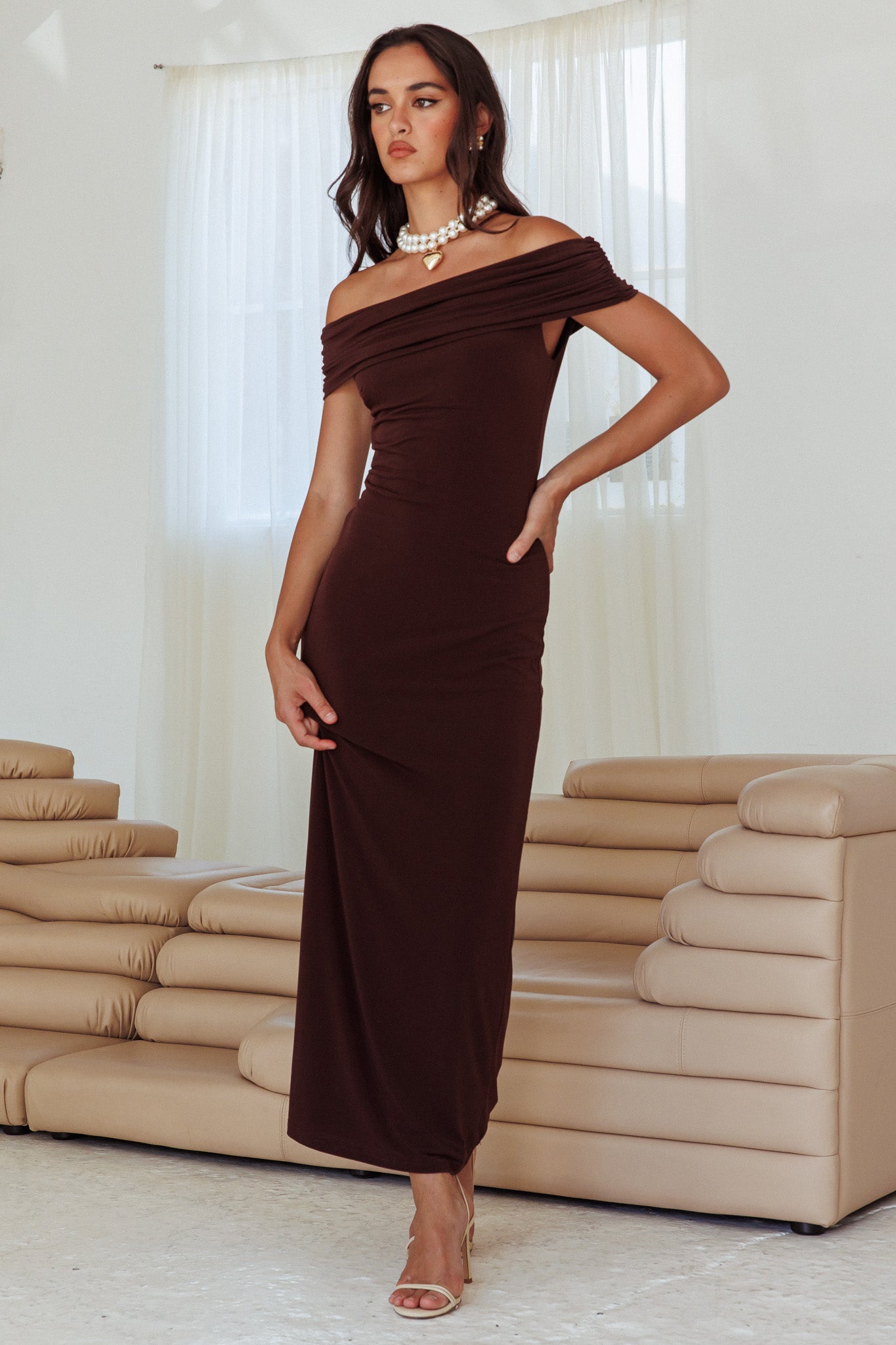 Cruising Sunset Off Shoulder Dress Chocolate-Fable Dress