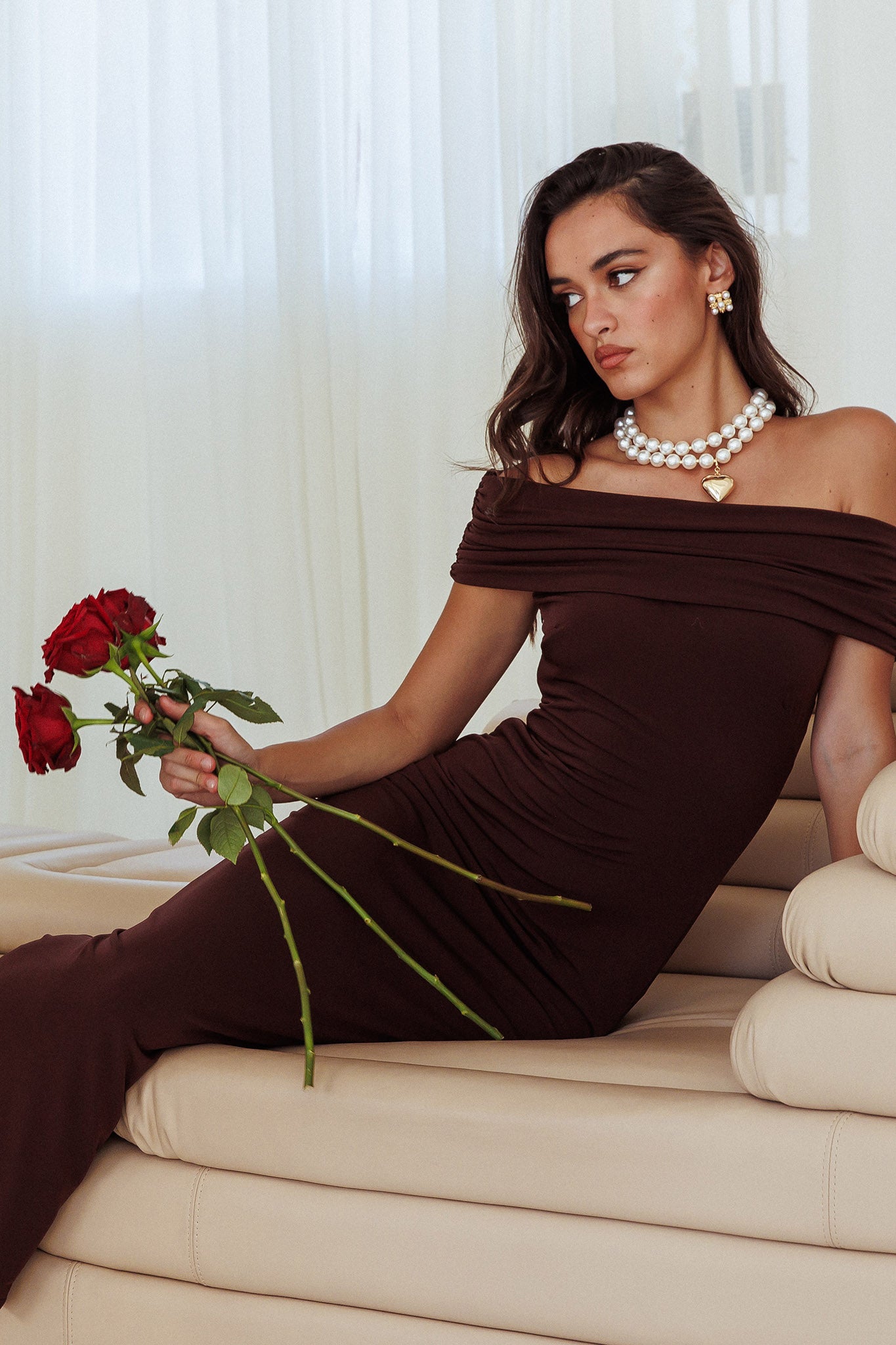 Cruising Sunset Off Shoulder Dress Chocolate-Fable Dress