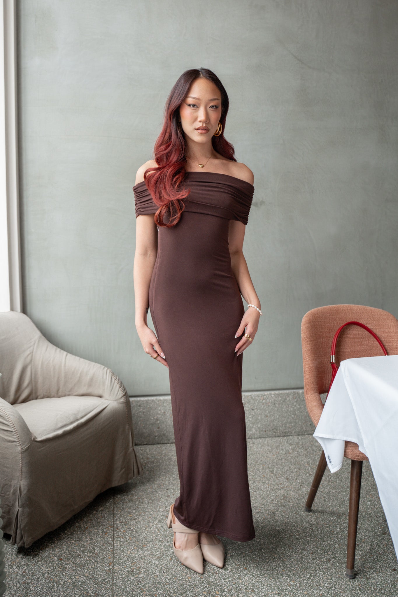 Cruising Sunset Off Shoulder Dress Chocolate-Fable Dress