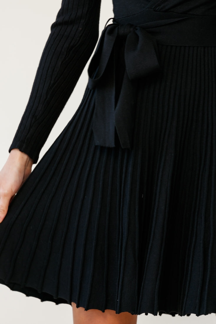 Marlena Long Sleeve Pleated Skirt Knit Dress Black-Fable Dress