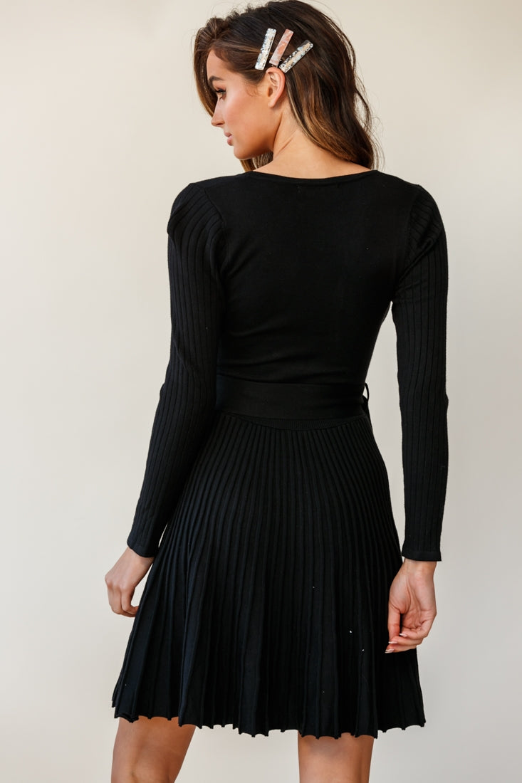 Marlena Long Sleeve Pleated Skirt Knit Dress Black-Fable Dress