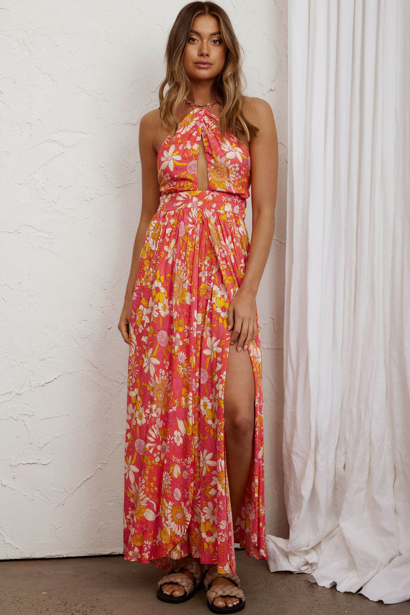 Athena High Split Maxi Dress Retro Floral Orange-Fable Dress