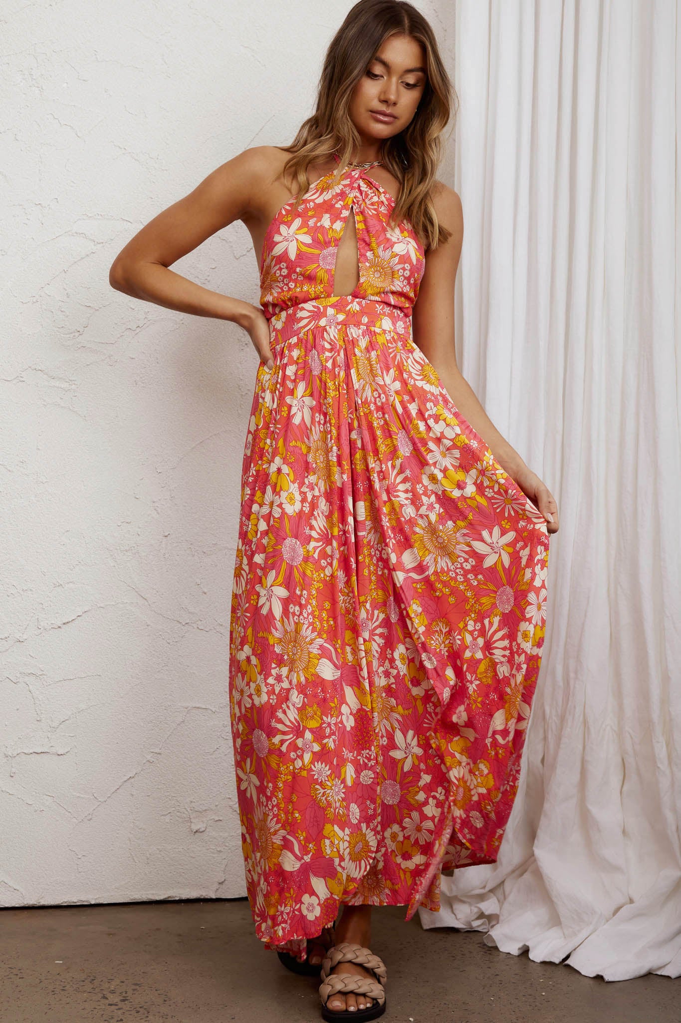 Athena High Split Maxi Dress Retro Floral Orange-Fable Dress
