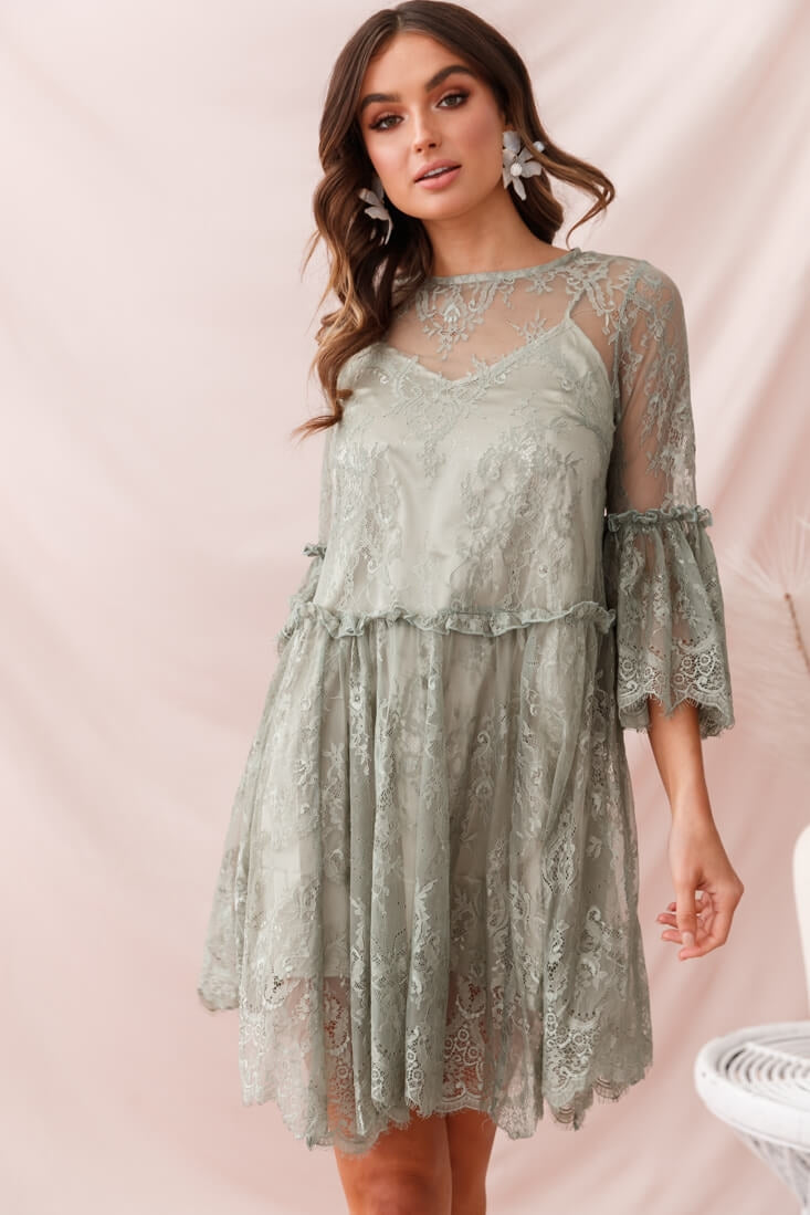 Birdie Lace Overlay Swing Dress Pistachio-Fable Dress