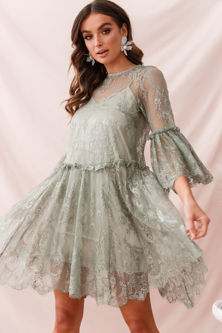 Birdie Lace Overlay Swing Dress Pistachio-Fable Dress