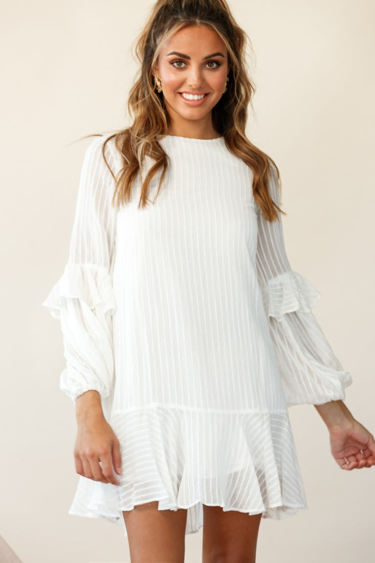 Cate Crew Neckline Balloon Sleeve Frill Dress White-Fable Dress