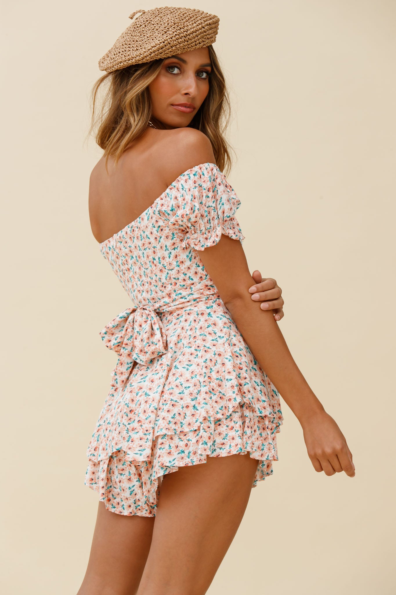 Linka Off-Shoulder Tie Back Romper Flower Print Pink-Fable Dress