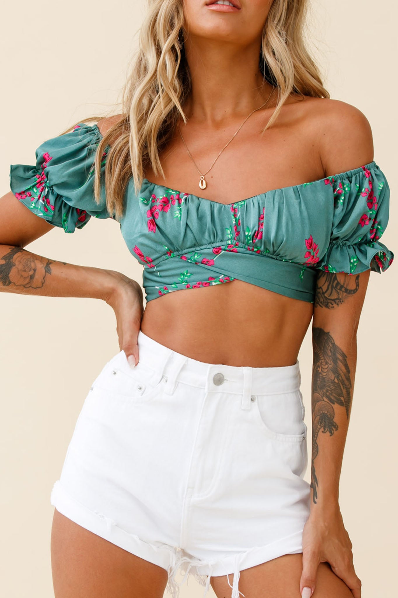 Linka Off-Shoulder Tie-Back Crop Top Pink Floral Print Sage-Fable Dress