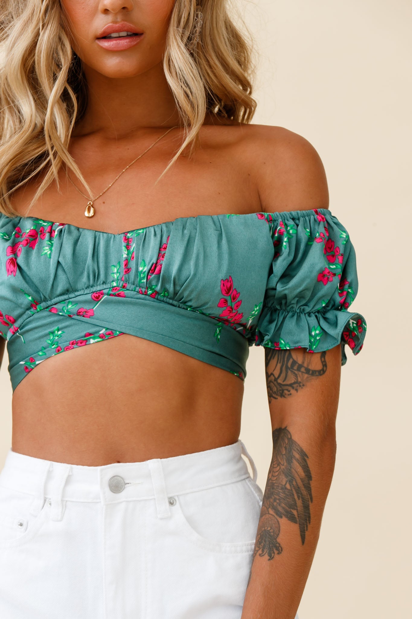 Linka Off-Shoulder Tie-Back Crop Top Pink Floral Print Sage-Fable Dress