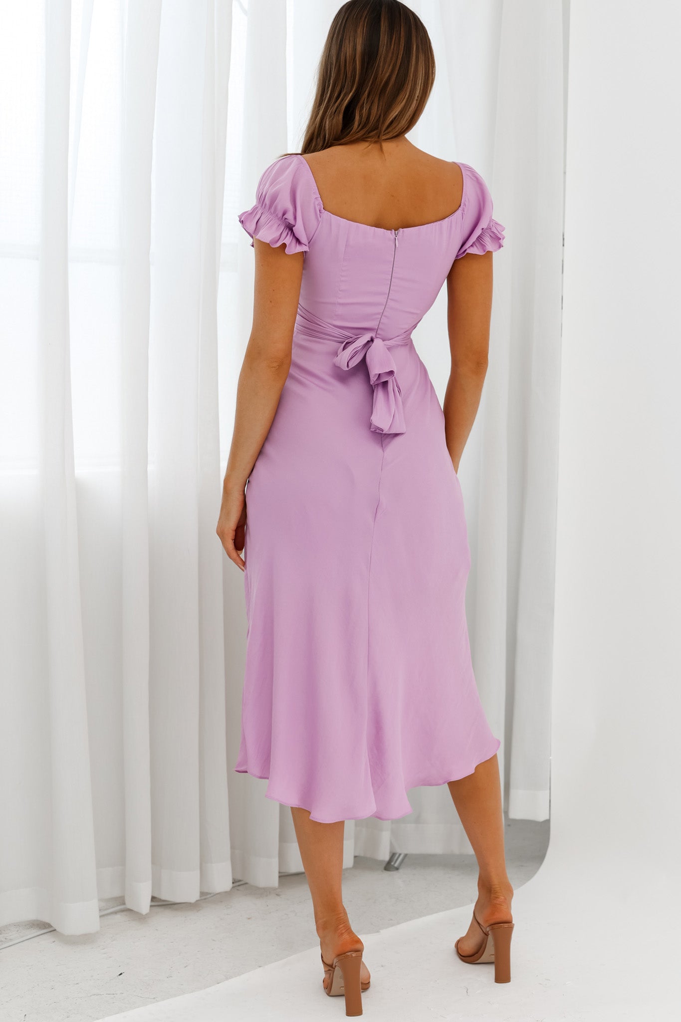 Linka Off-Shoulder Tie Back Midi Dress Lilac-Fable Dress