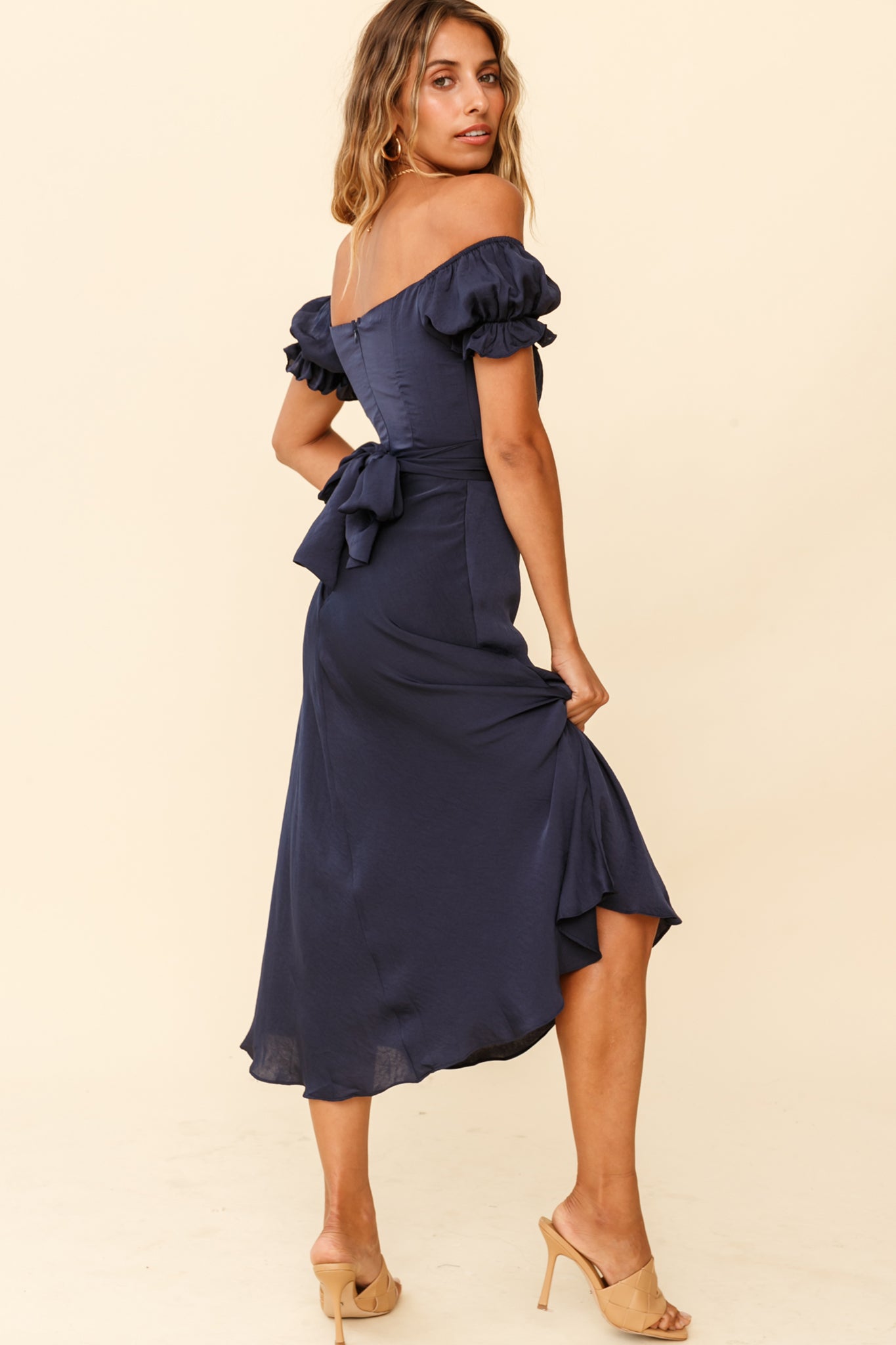 Linka Off-Shoulder Tie Back Midi Dress Navy-Fable Dress