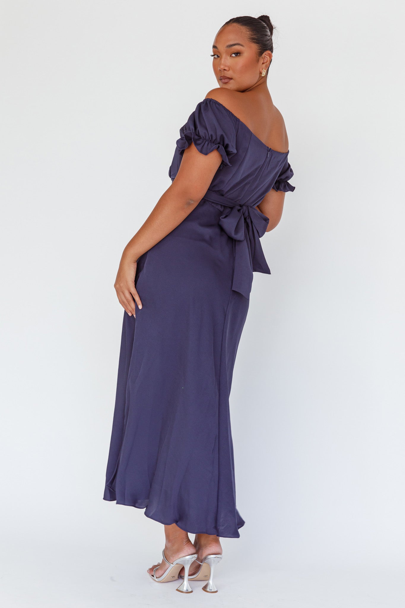 Linka Off-Shoulder Tie Back Midi Dress Navy-Fable Dress