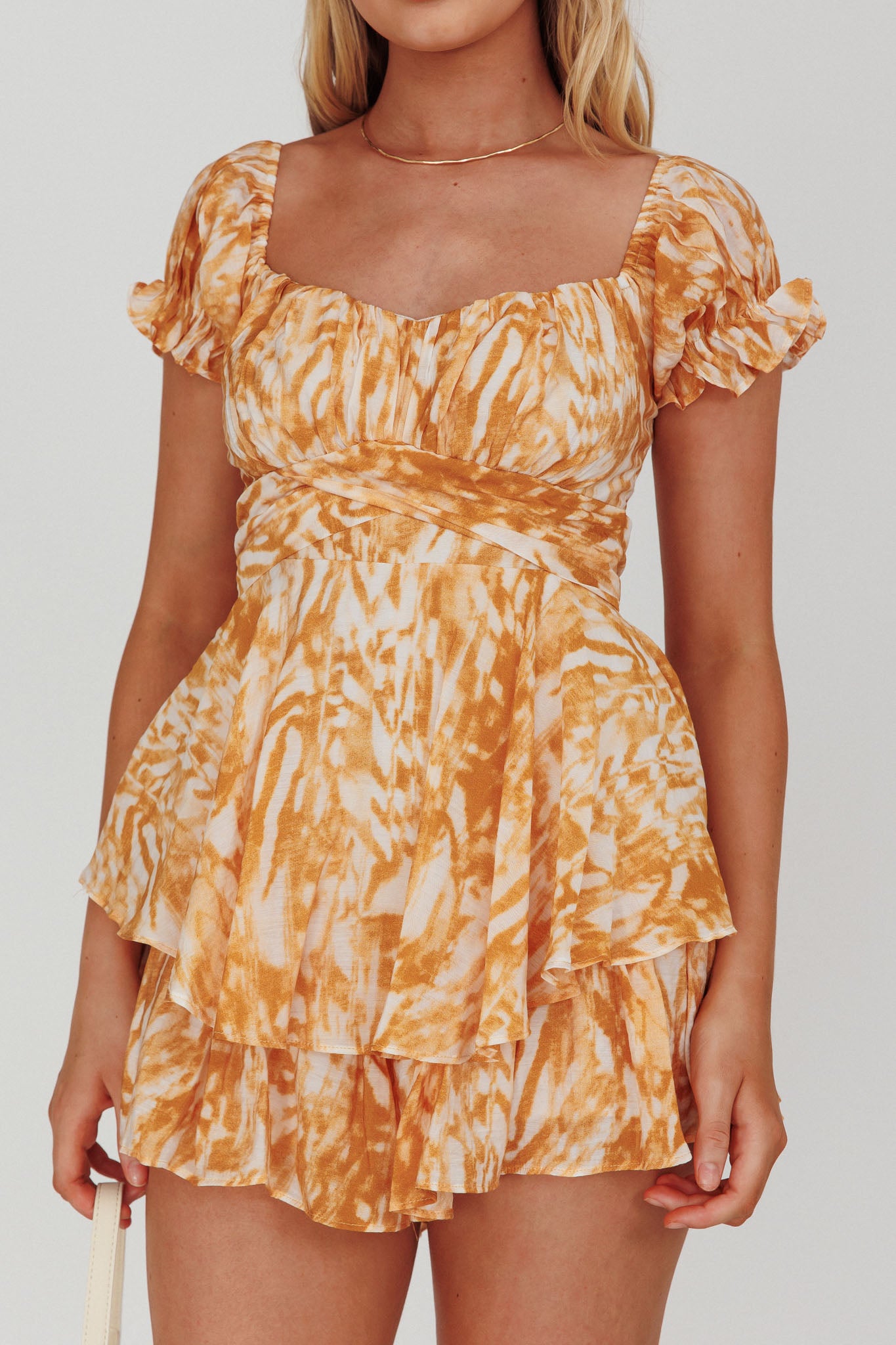 Linka Off-Shoulder Tie-Back Romper Print Orange-Fable Dress