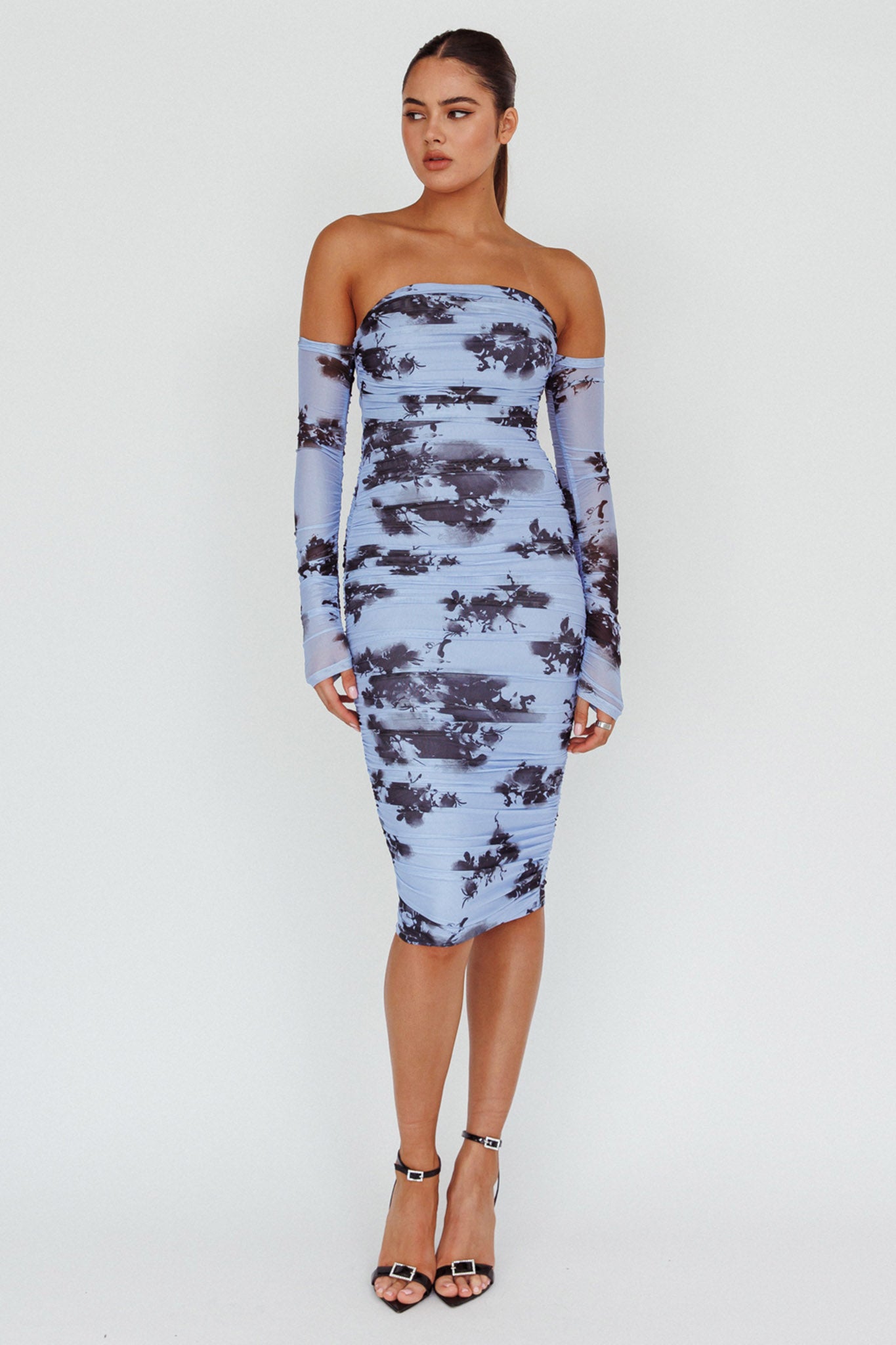 Cece Off-Shoulder Midi Dress Floral Blue-Fable Dress