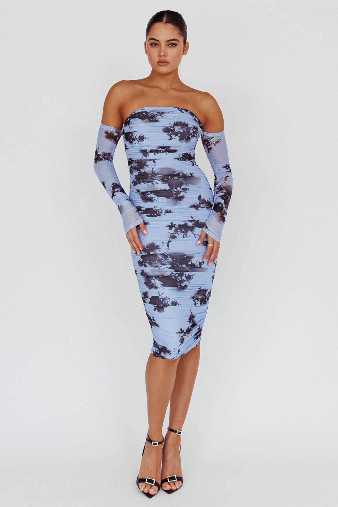 Cece Off-Shoulder Midi Dress Floral Blue-Fable Dress