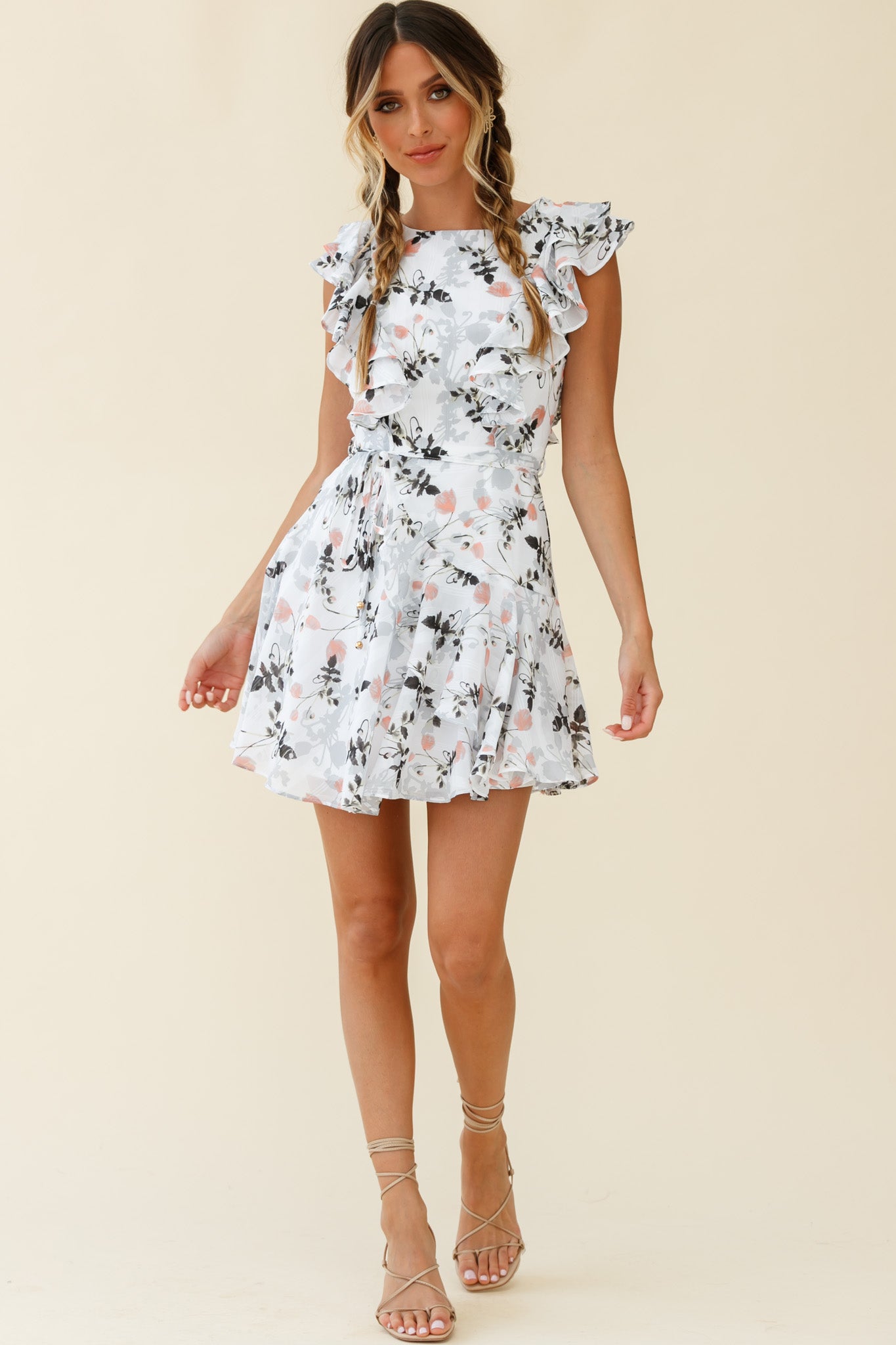 Wilton Ruffle Shoulder A-Line Dress Floral Print White-Fable Dress
