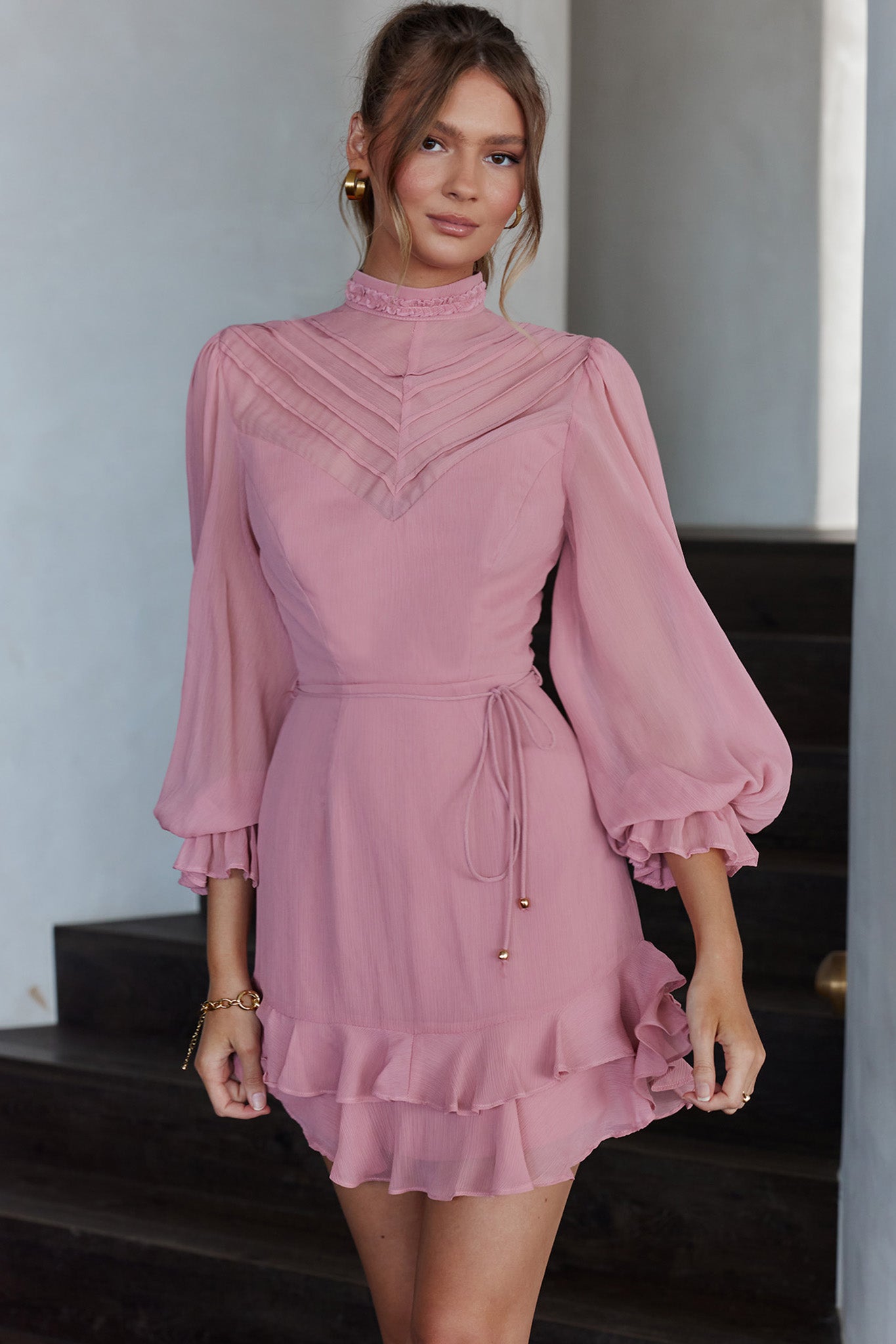 Lark High Neck Balloon Sleeve Dress Blush-Fable Dress