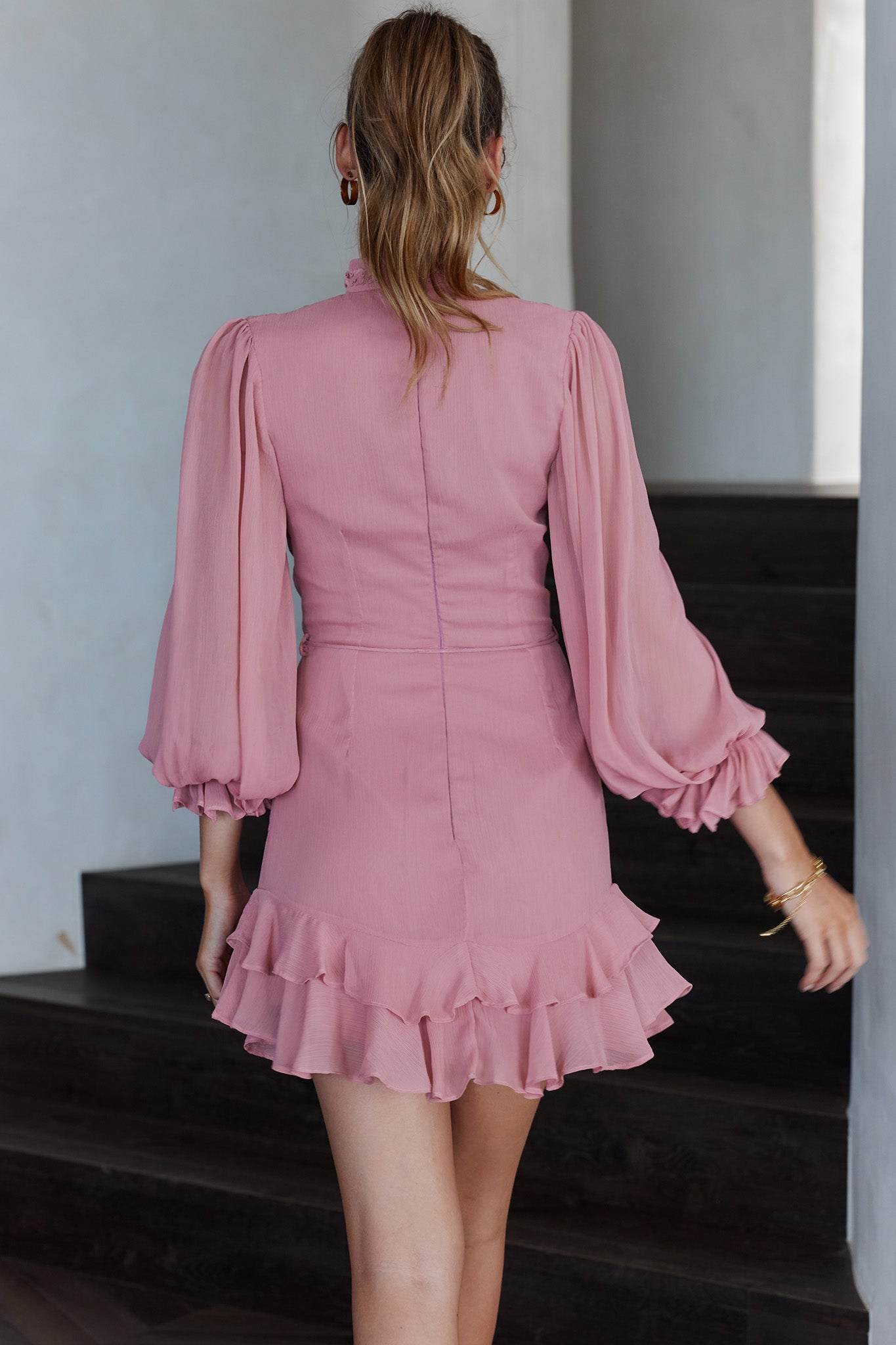 Lark High Neck Balloon Sleeve Dress Blush-Fable Dress
