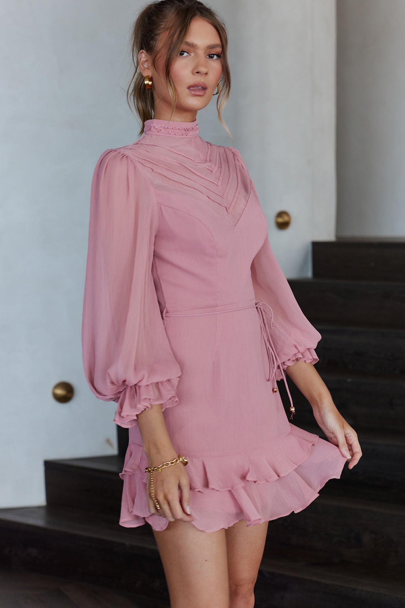Lark High Neck Balloon Sleeve Dress Blush-Fable Dress