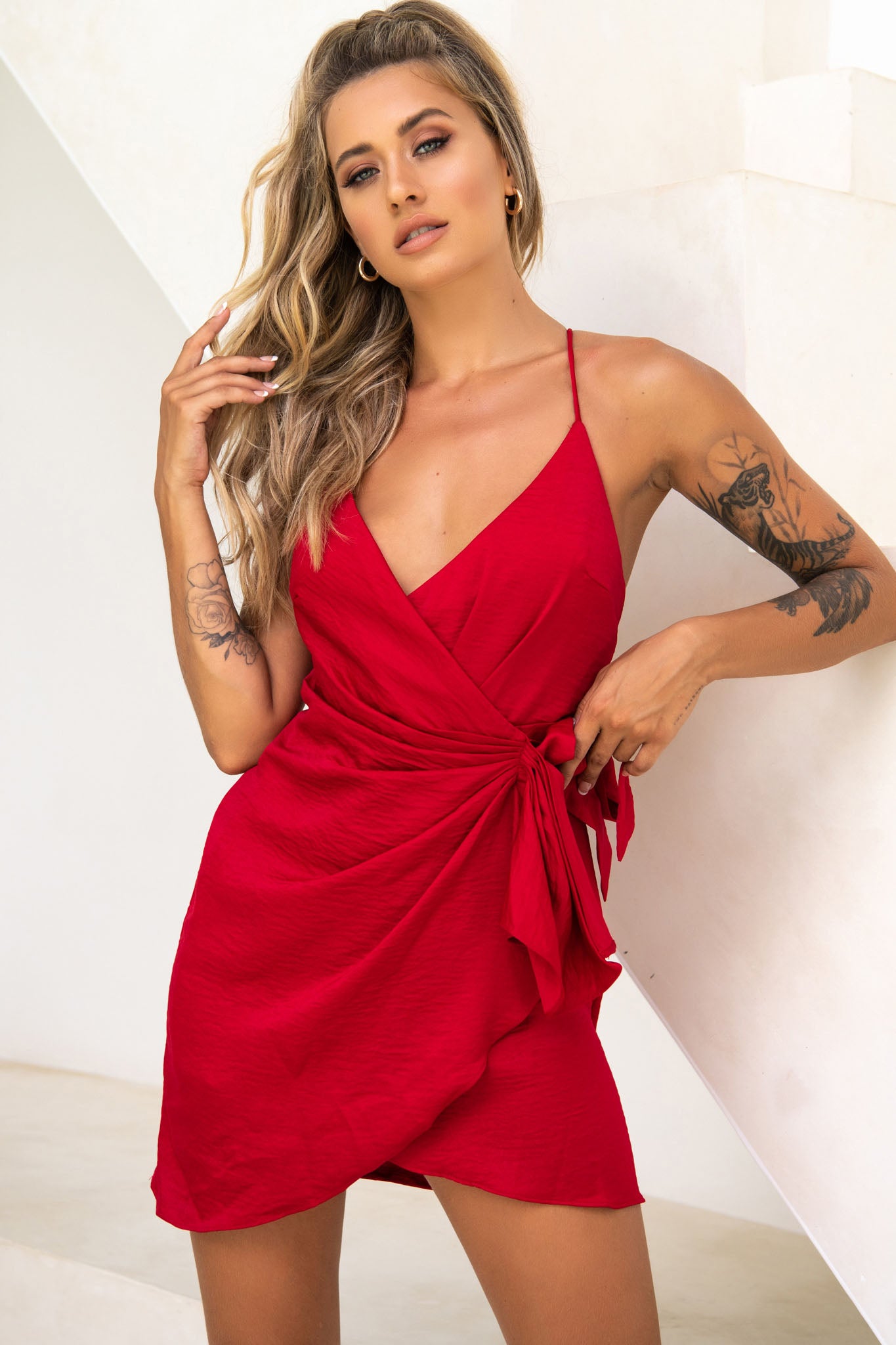 Medellin Gathered Detail Side-Tie Wrap Dress Red-Fable Dress
