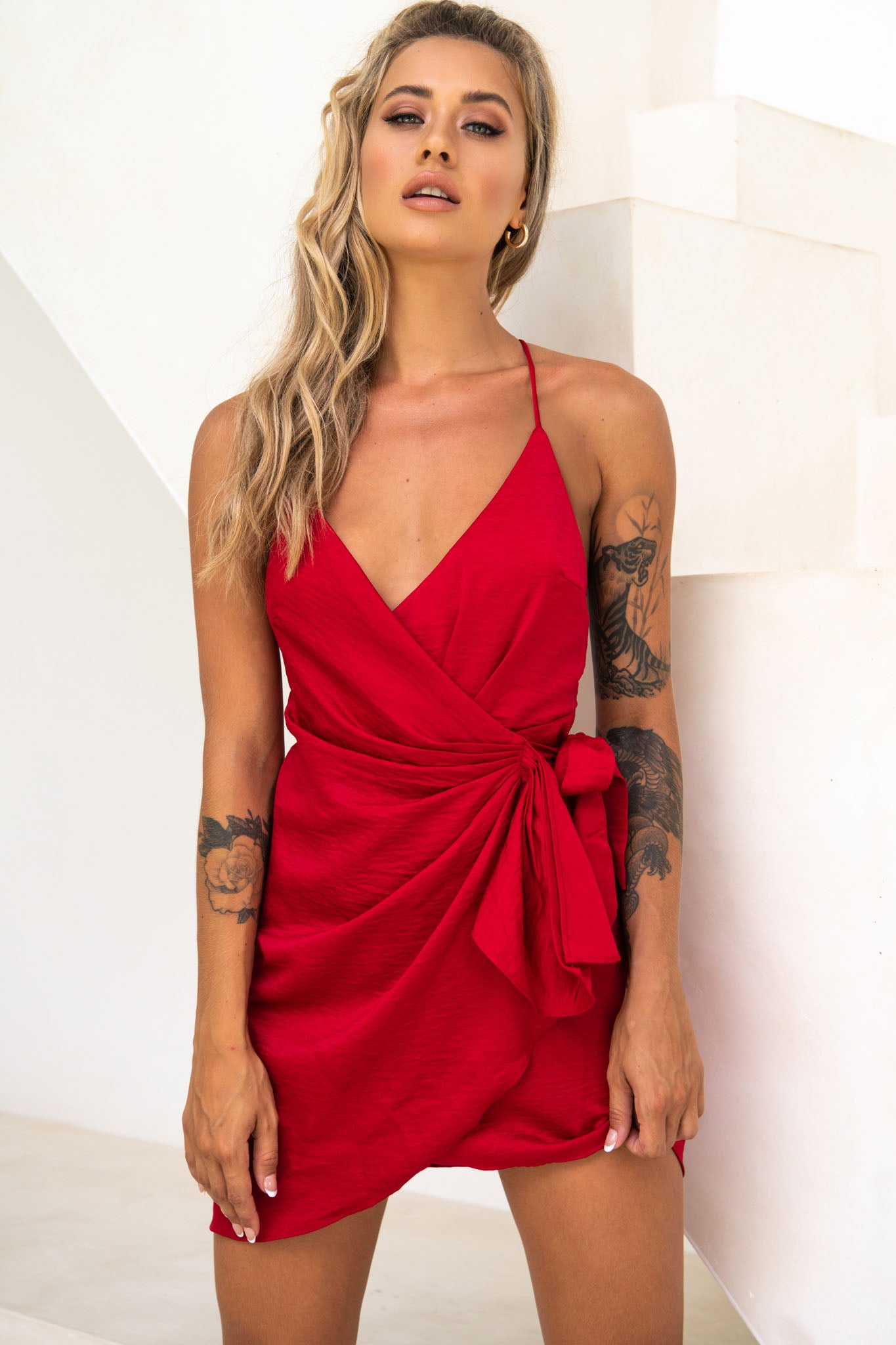 Medellin Gathered Detail Side-Tie Wrap Dress Red-Fable Dress