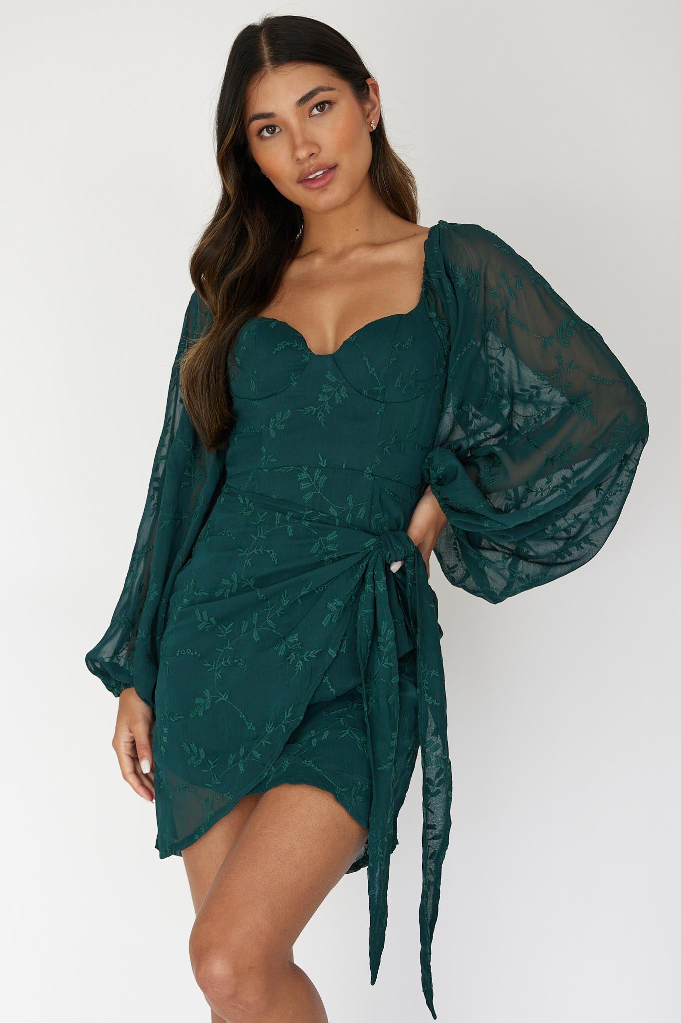 Aphrodite Long Sleeve Embroidered Dress Forest Green-Fable Dress