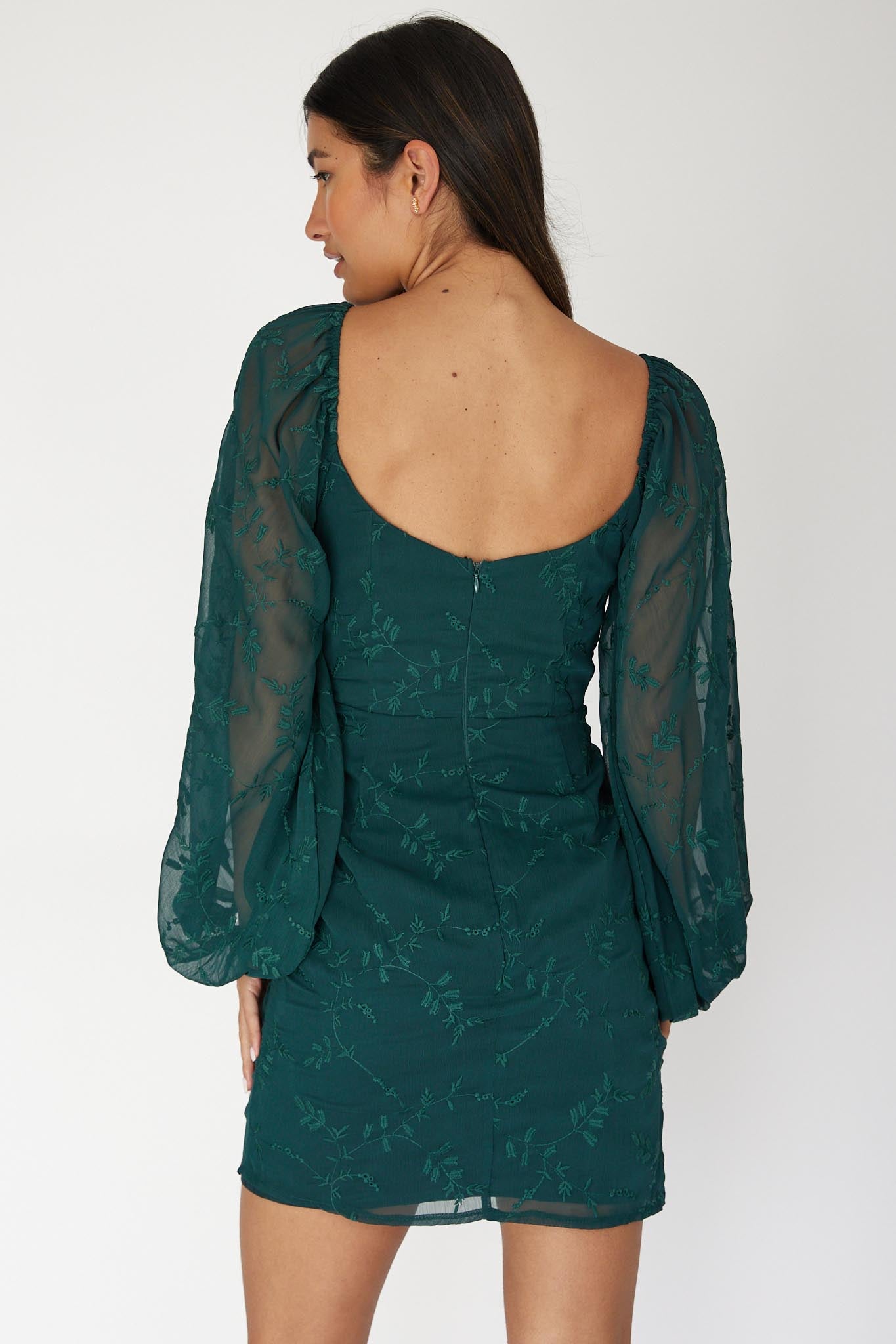 Aphrodite Long Sleeve Embroidered Dress Forest Green-Fable Dress