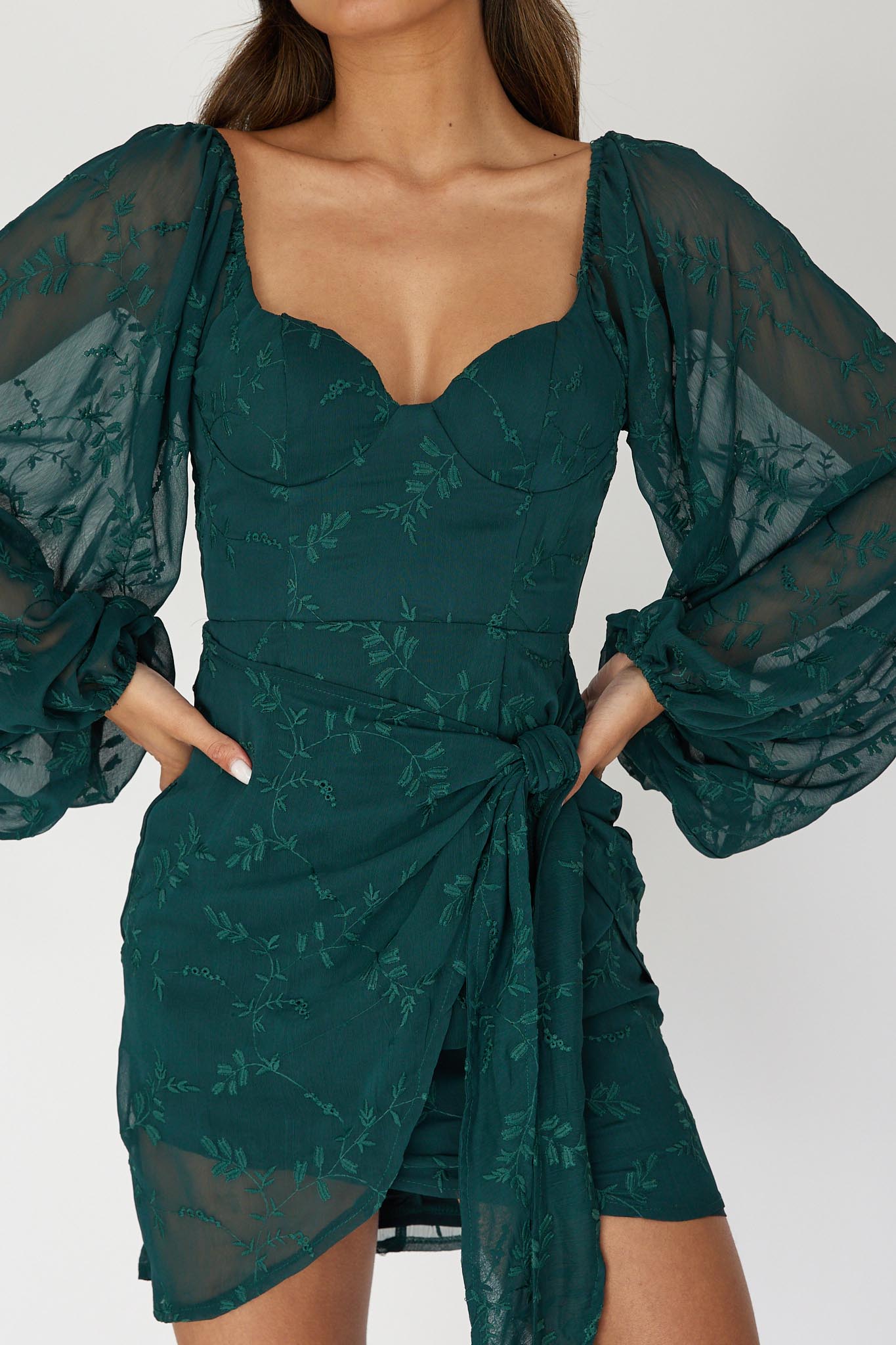 Aphrodite Long Sleeve Embroidered Dress Forest Green-Fable Dress