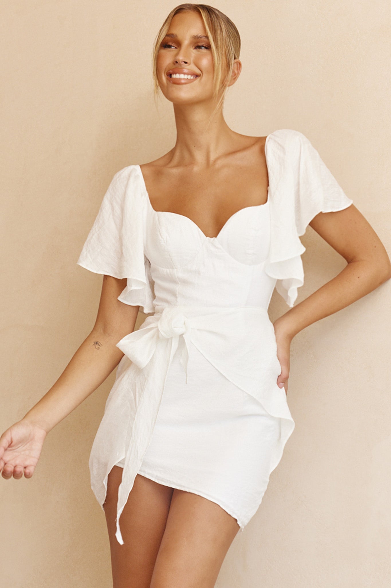 Aphrodite Molded Bust Angel Sleeve Wrap Dress White-Fable Dress