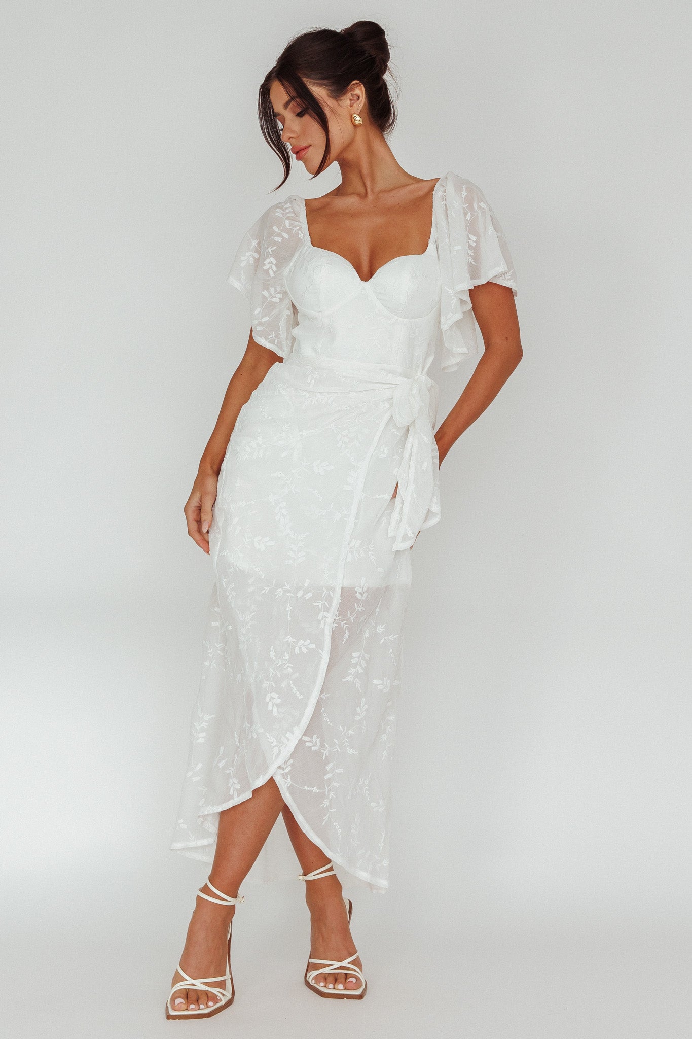 Aphrodite Molded Bust Angel Sleeve Midi Dress Floral White-Fable Dress