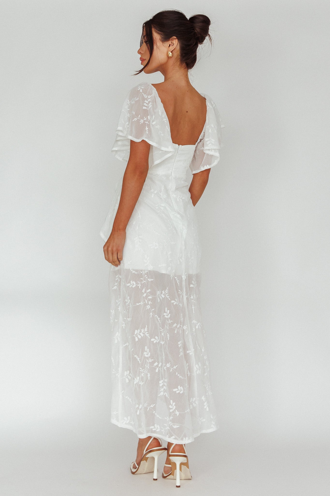 Aphrodite Molded Bust Angel Sleeve Midi Dress Floral White-Fable Dress